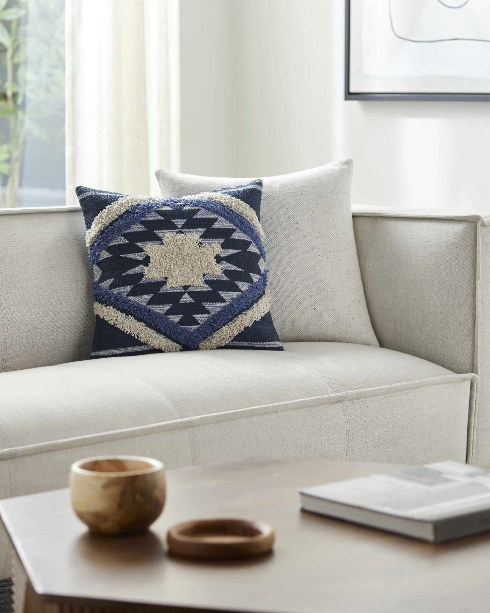 Hand Woven Blue and Ivory Geometric design High low Texture Square Throw Pillow - Image 5