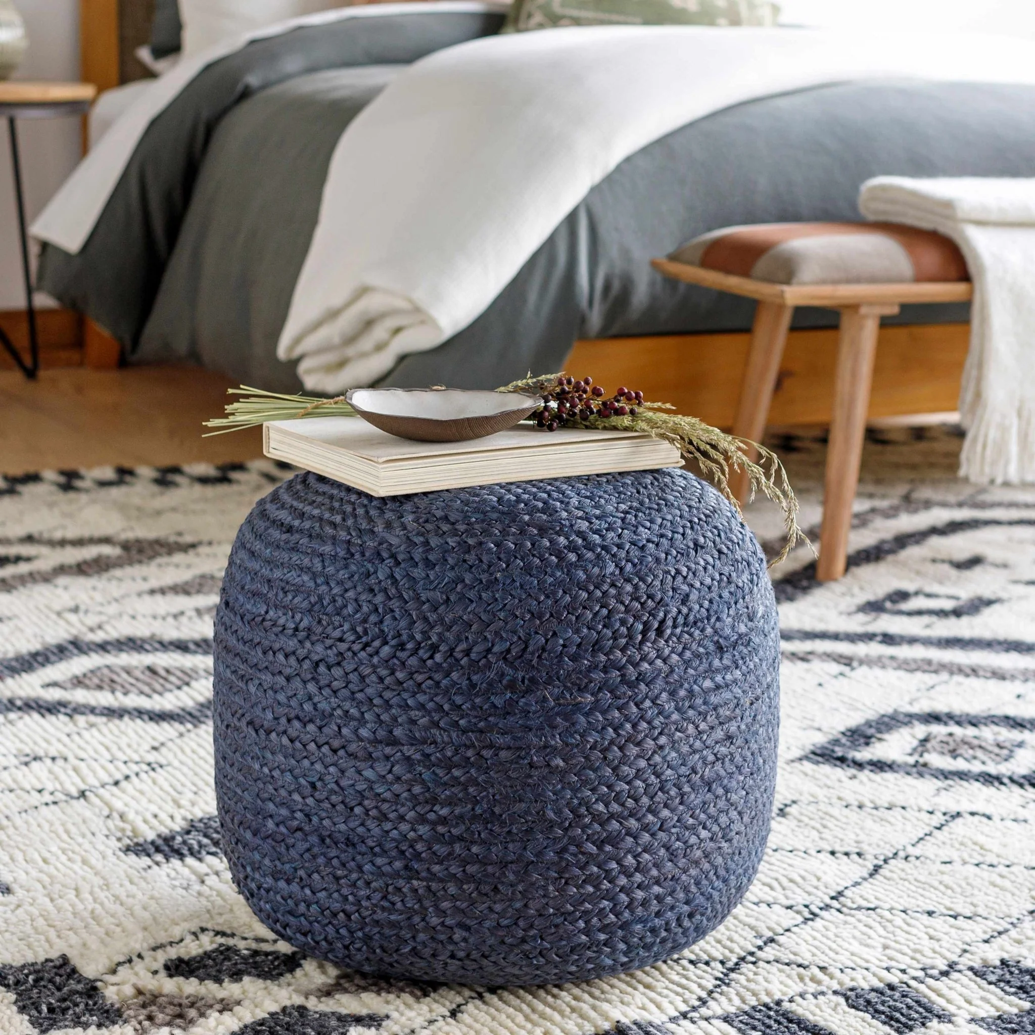 Hand Woven Blue Cylindrical Natural jute Pouf - Image 2