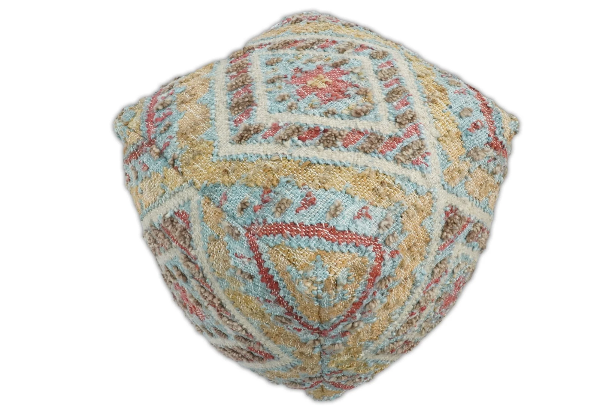 Hand Woven Boho Tribal Large Mustard and Blue Jute and Wool Pouf - Image 2