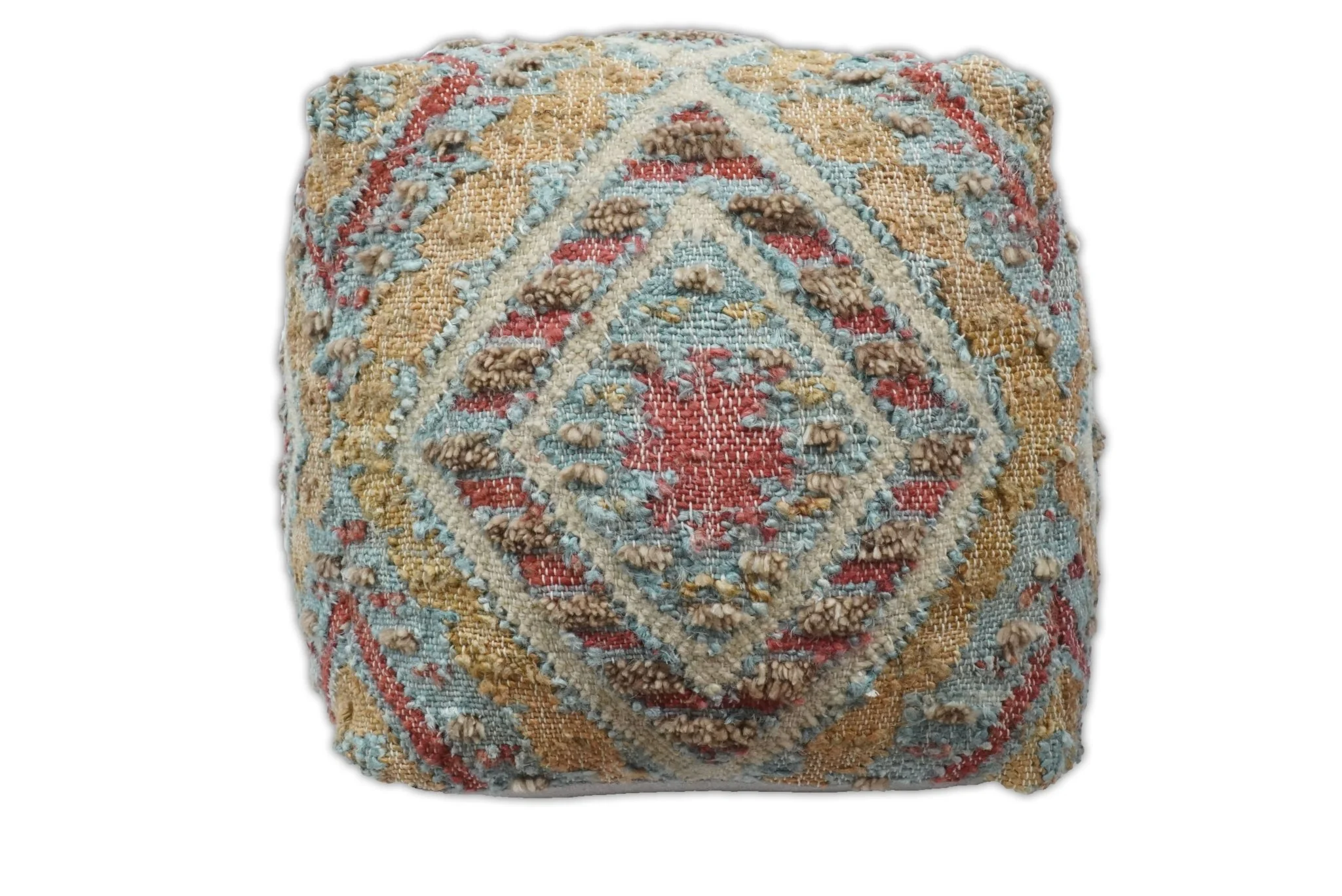Hand Woven Boho Tribal Large Mustard and Blue Jute and Wool Pouf - Image 3
