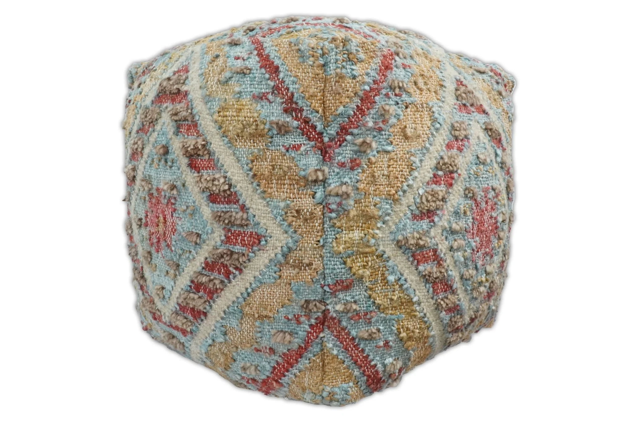 Hand Woven Boho Tribal Large Mustard and Blue Jute and Wool Pouf - Image 4