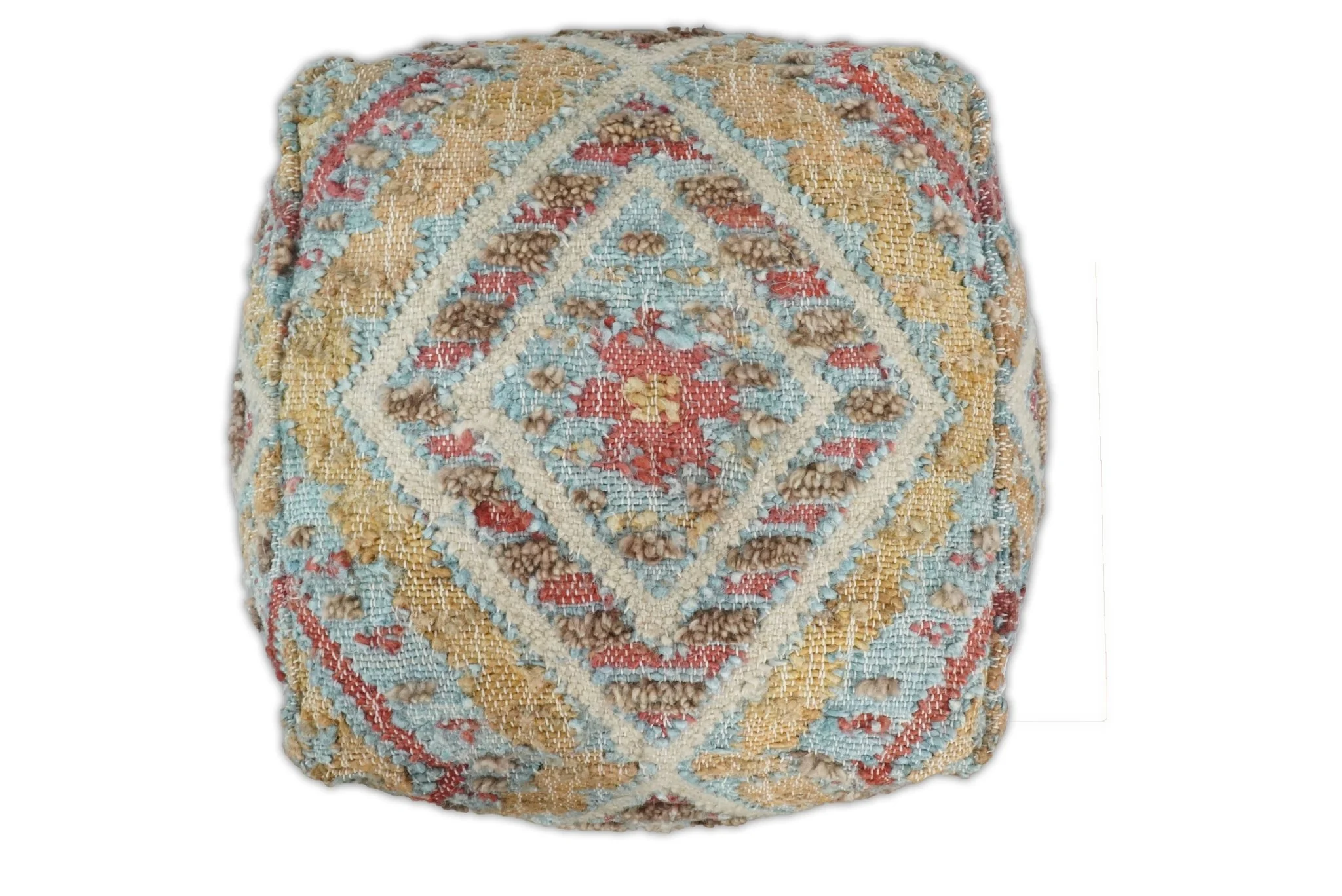 Hand Woven Boho Tribal Large Mustard and Blue Jute and Wool Pouf - Image 5