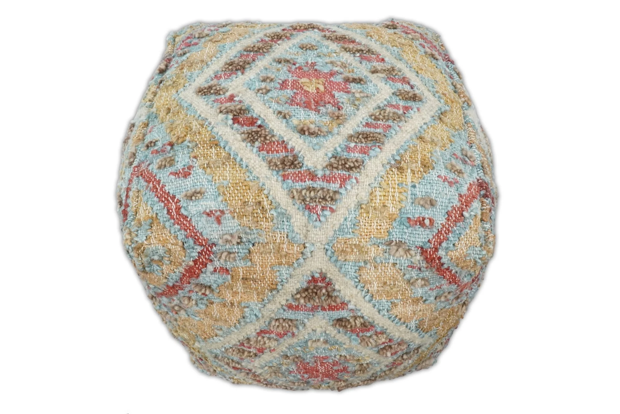 Hand Woven Boho Tribal Large Mustard and Blue Jute and Wool Pouf - Image 6