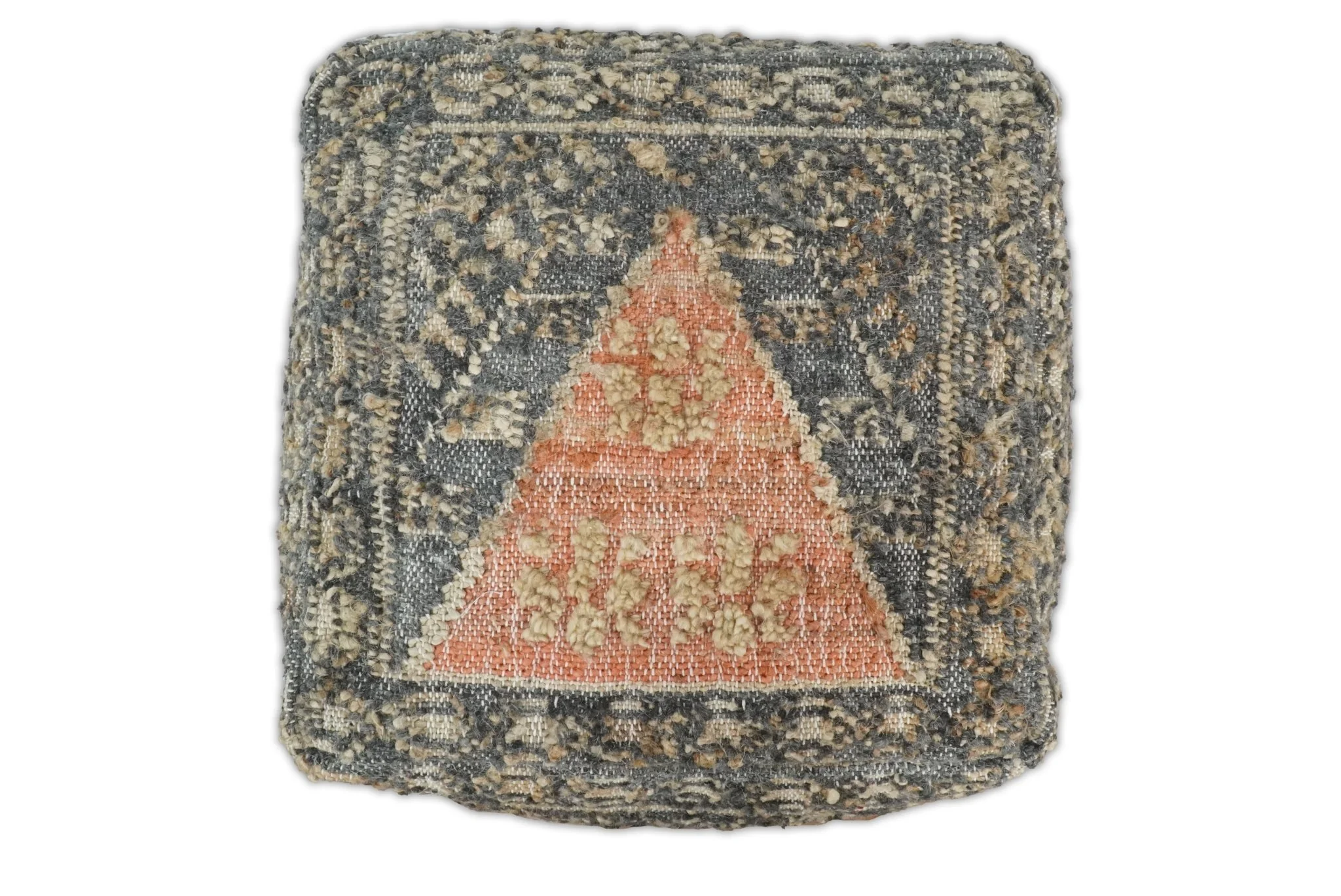 Hand Woven Boho Tribal Large Charcoal Jute and Wool Pouf - Image 3