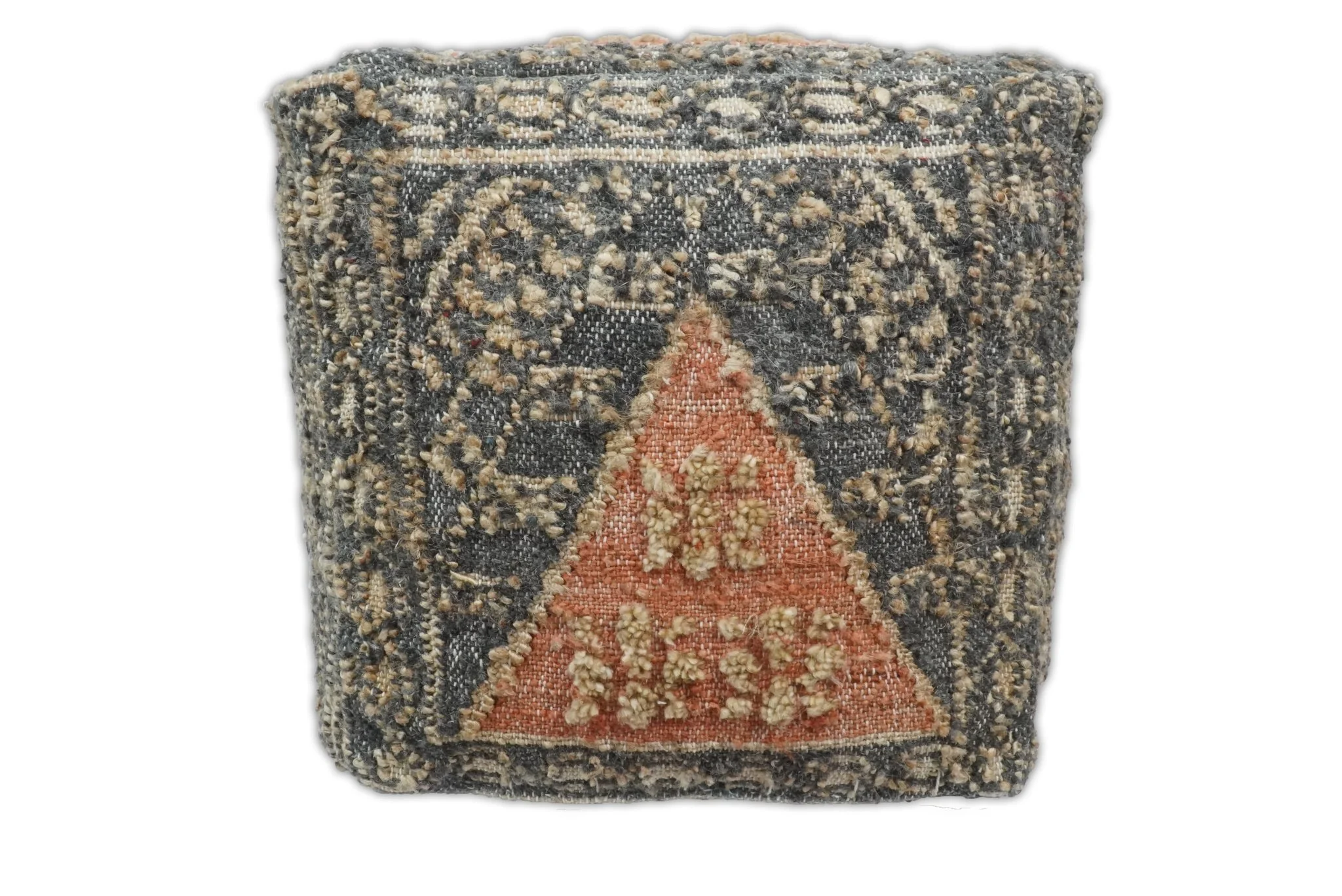 Hand Woven Boho Tribal Large Charcoal Jute and Wool Pouf - Image 4