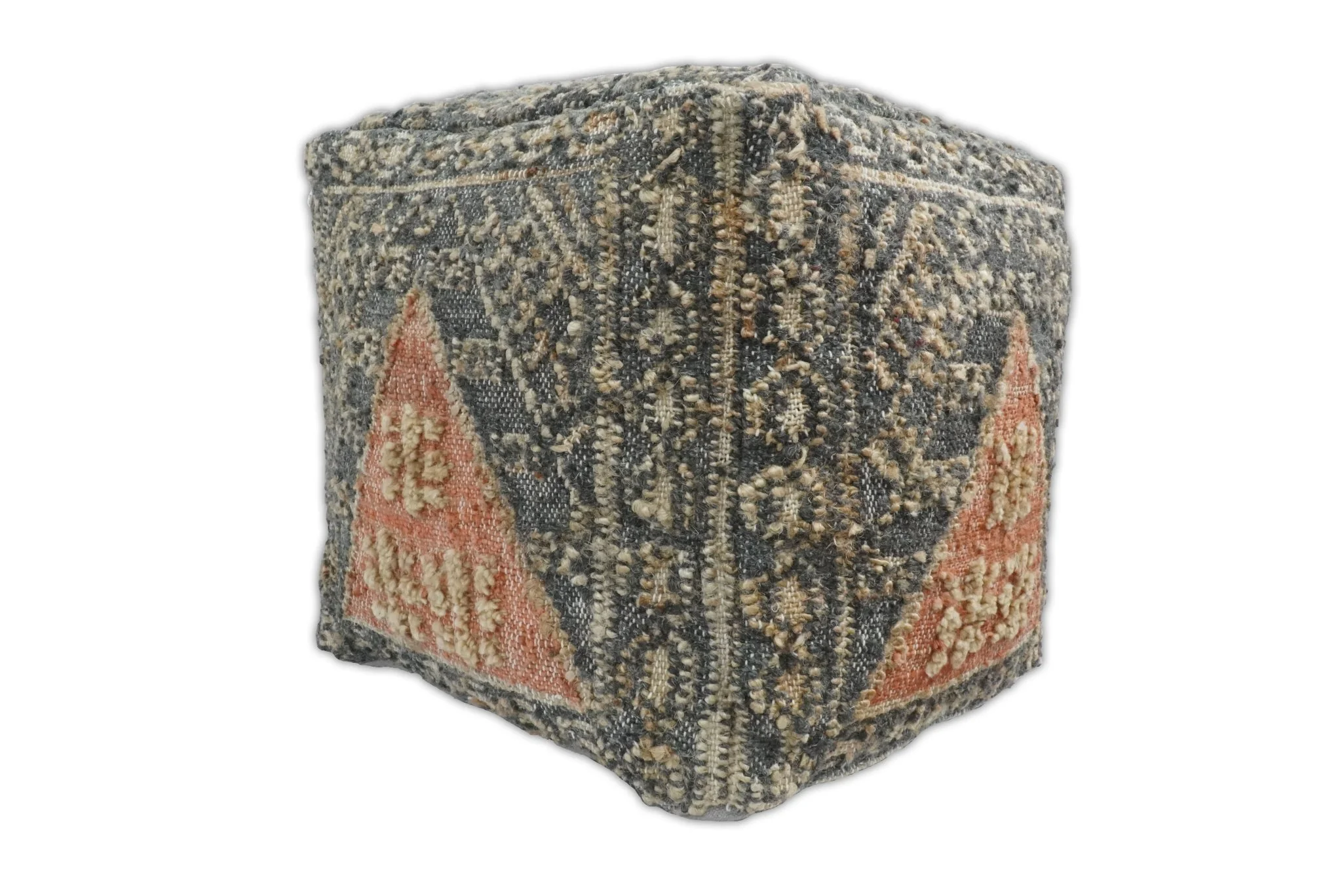 Hand Woven Boho Tribal Large Charcoal Jute and Wool Pouf - Image 5