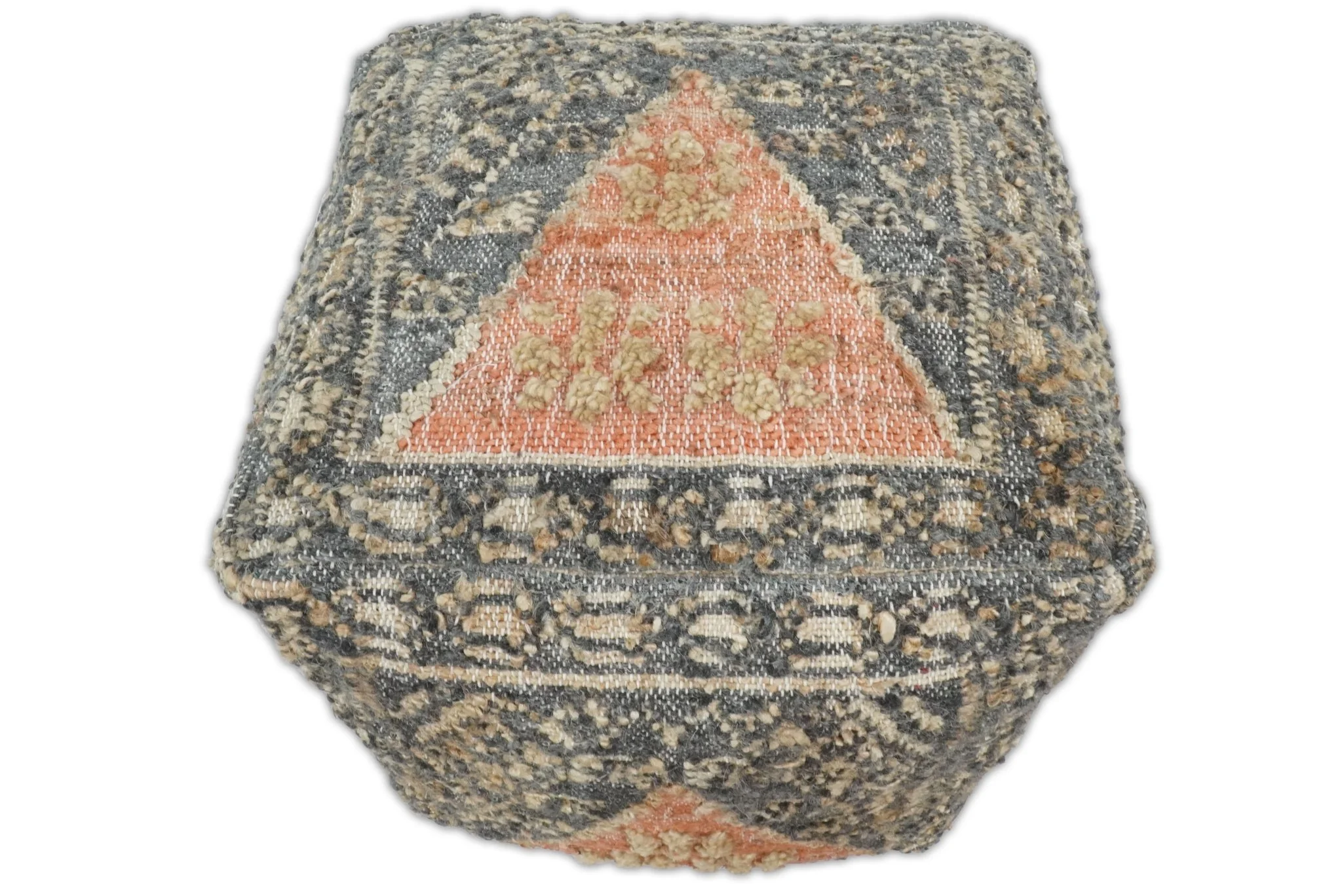 Hand Woven Boho Tribal Large Charcoal Jute and Wool Pouf - Image 6