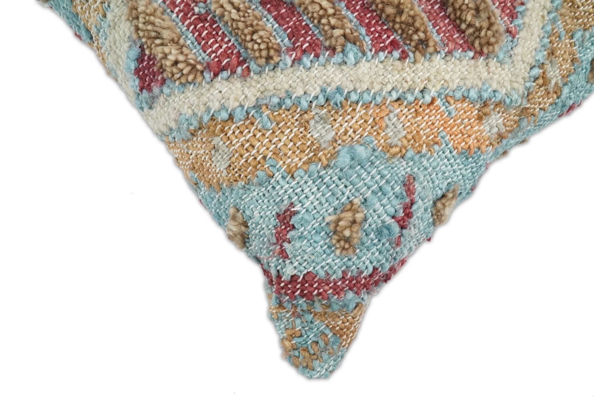 Hand Woven Boho Tribal Accent Mustard and Blue Jute and Wool Pillow, Cushion | PL13 - Image 2