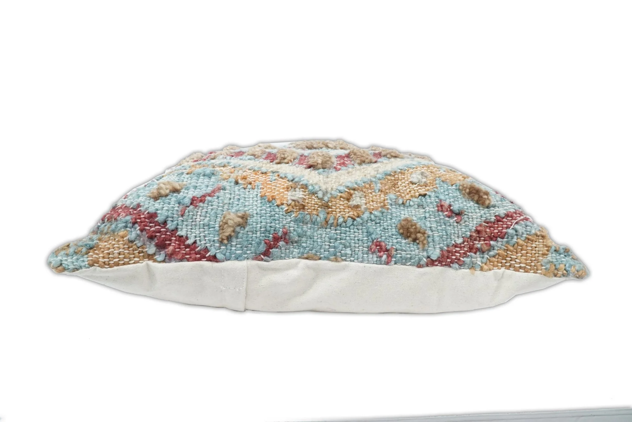 Hand Woven Boho Tribal Accent Mustard and Blue Jute and Wool Pillow, Cushion | PL13 - Image 3