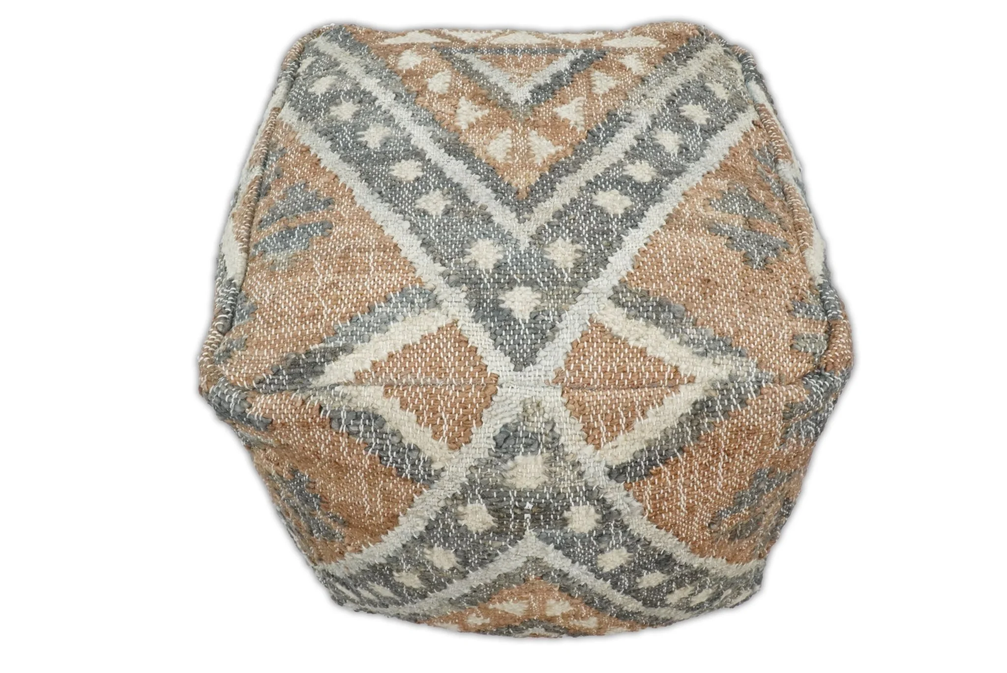 Hand Woven Boho Tribal Large Gray and Brown Jute and Wool Pouf - Image 3