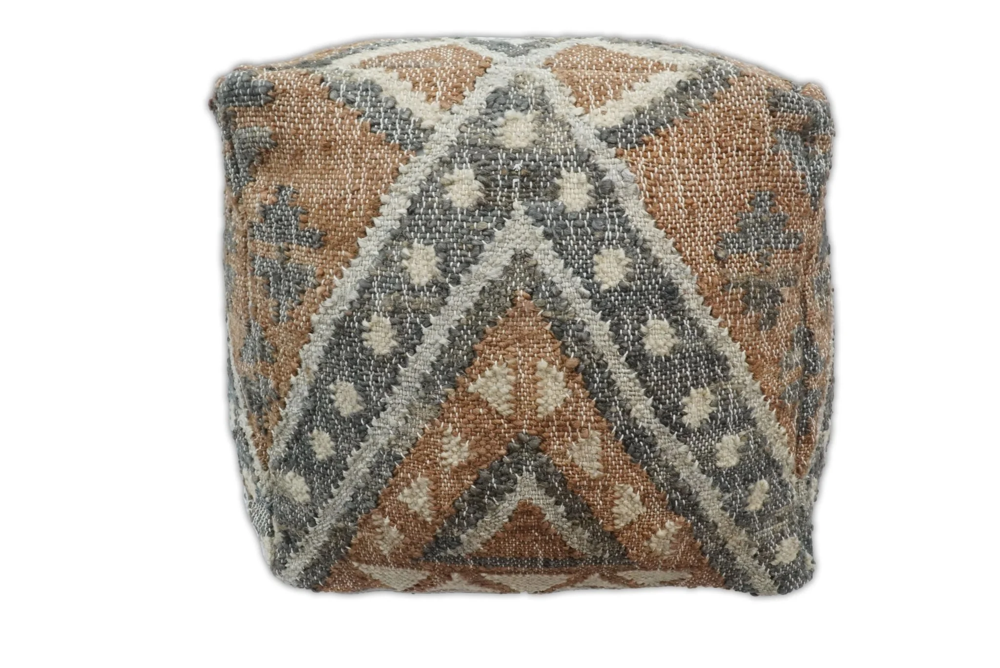 Hand Woven Boho Tribal Large Gray and Brown Jute and Wool Pouf - Image 4