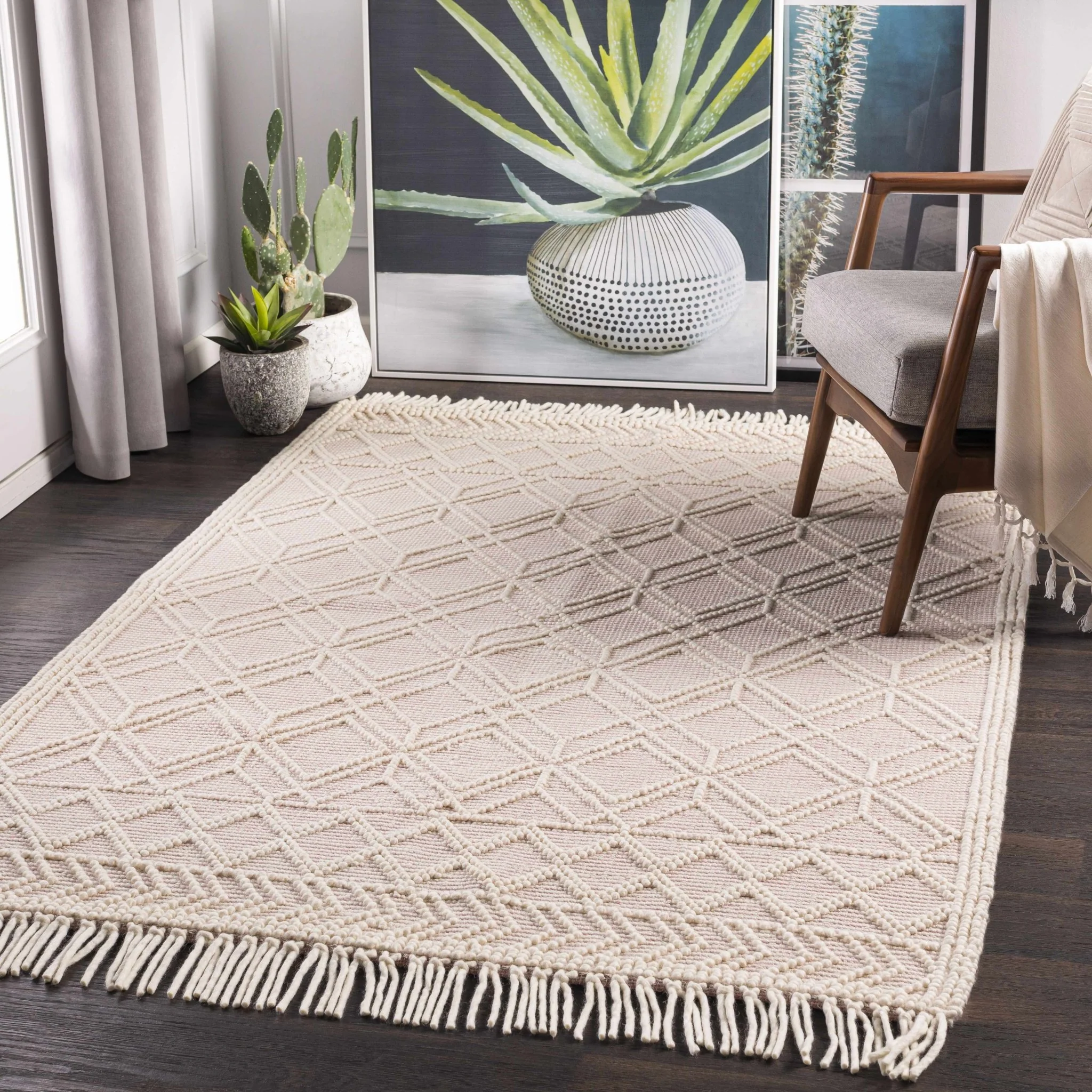 Hand Woven Contemporary Ivory and Peach Tribal Trellis Design Wool Area Rug - Image 4