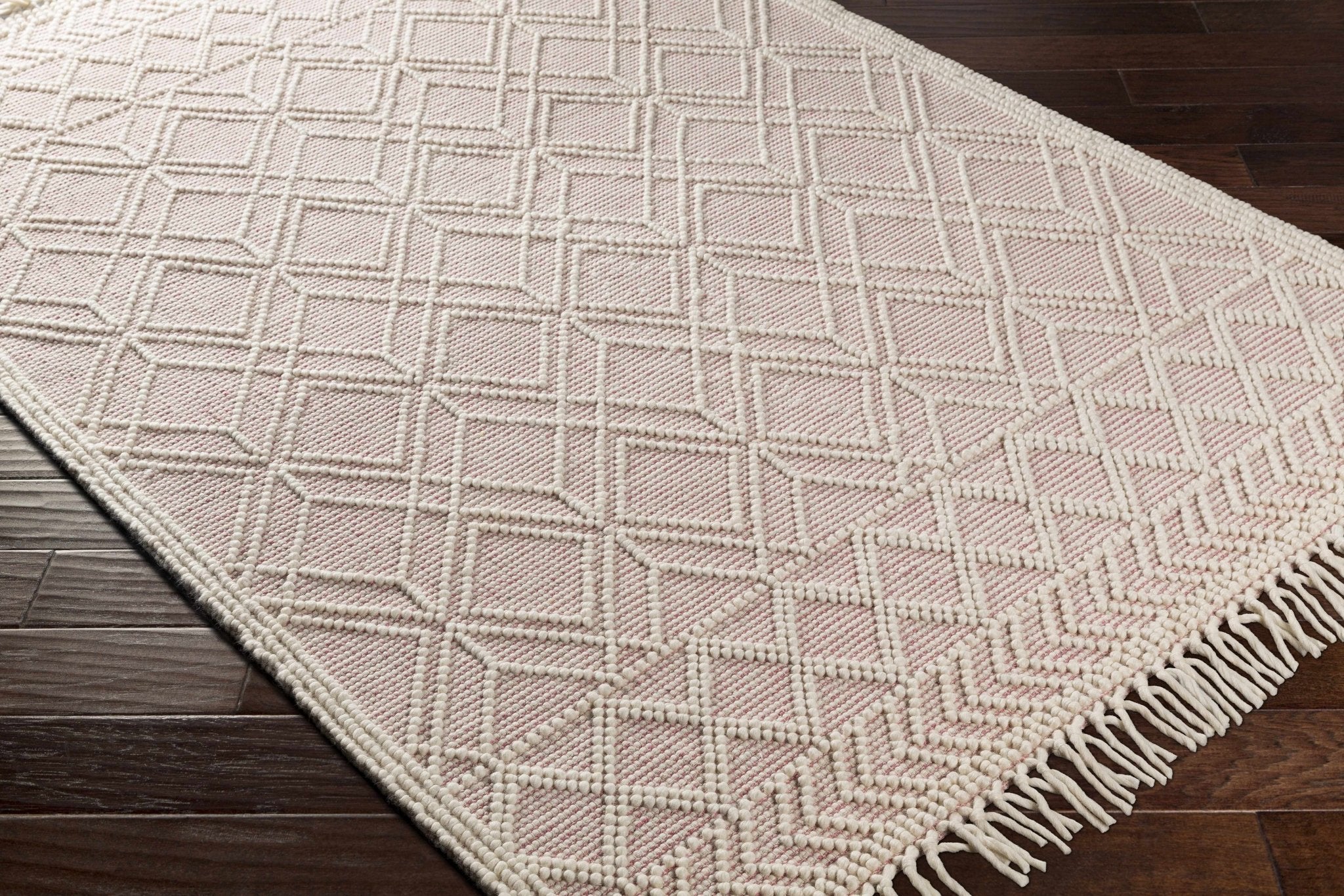 Hand Woven Contemporary Ivory and Peach Tribal Trellis Design Wool Area Rug - Image 7