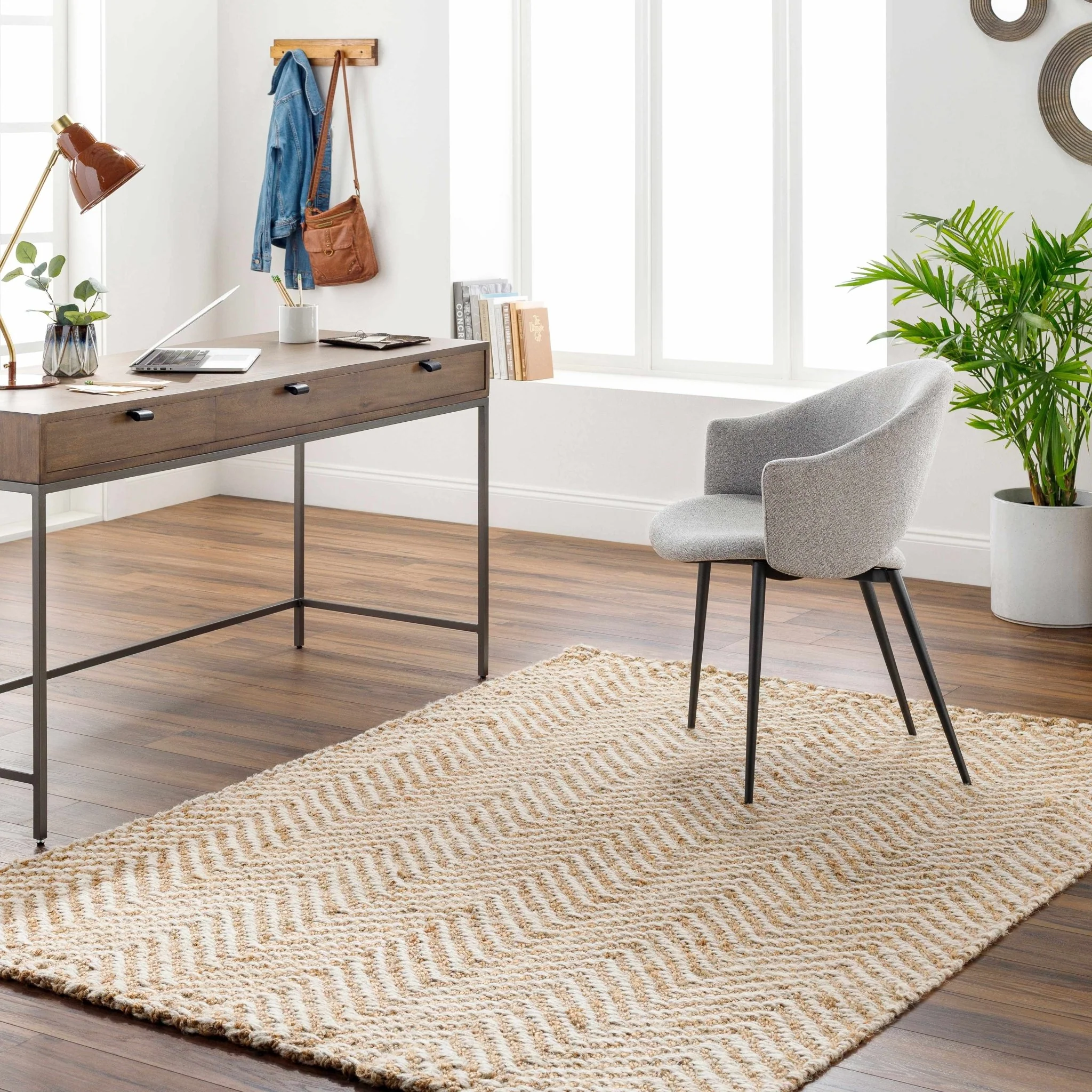 Hand Woven Ivory and Gold Textured Chevron Design Multi Size Jute Area Rug - Image 5