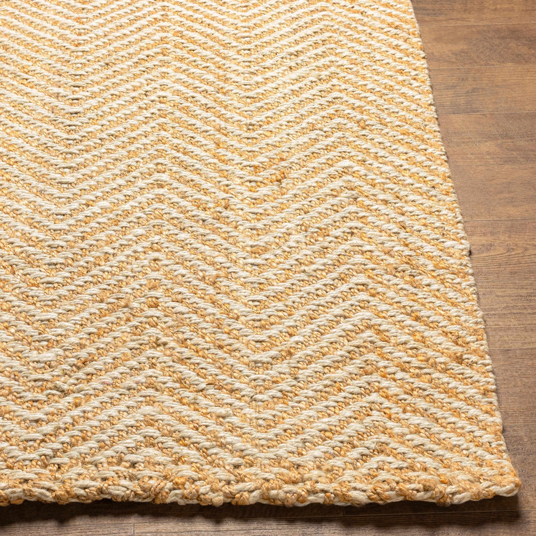 Hand Woven Ivory and Gold Textured Chevron Design Multi Size Jute Area Rug - Image 6