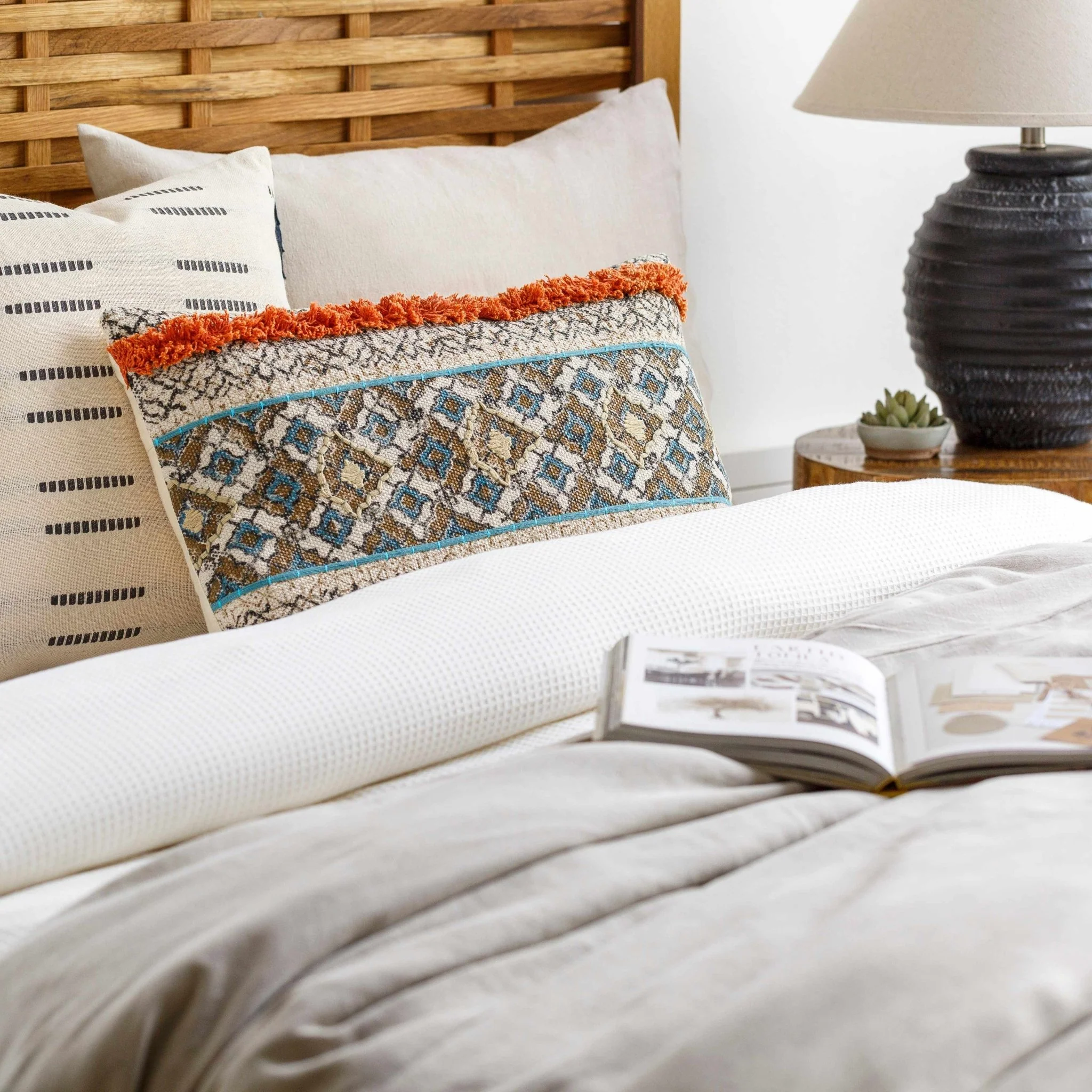 Hand Woven Ivory, Brown and Charcoal Diamond Pattern Lumbar Pillow - Image 3