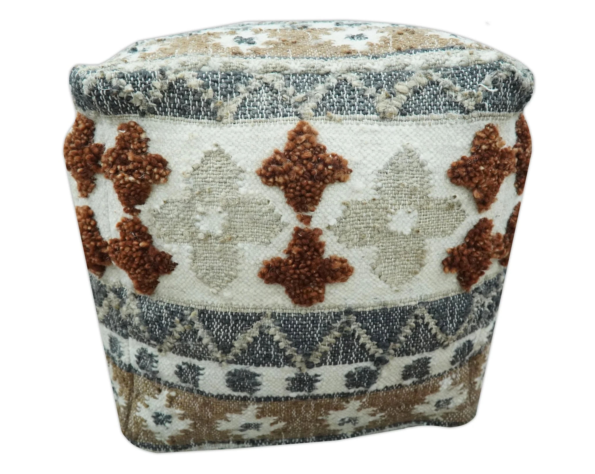 Hand woven Ivory, Gray and Brown Textured Jute and wool Pouf - Image 3
