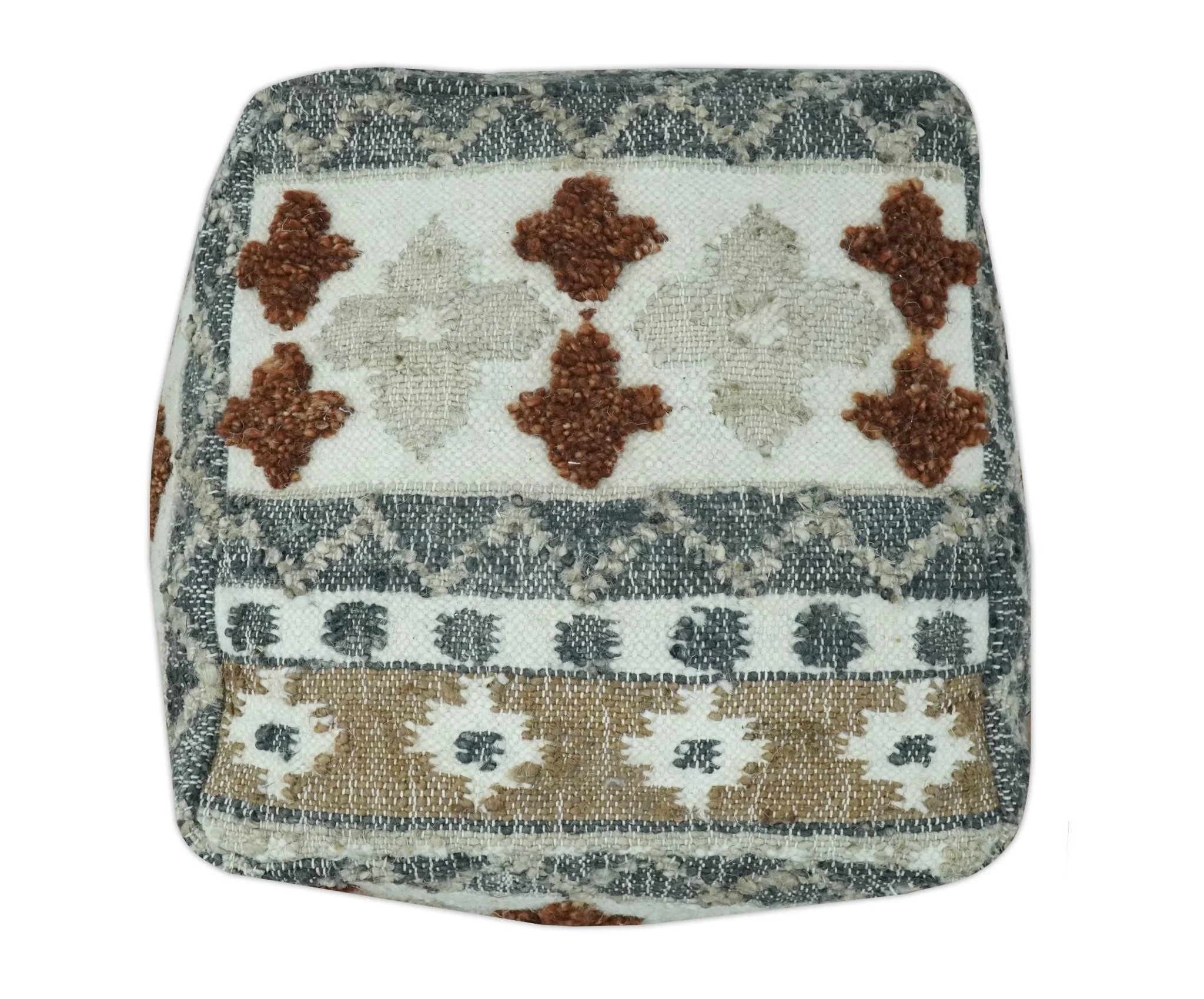 Hand woven Ivory, Gray and Brown Textured Jute and wool Pouf - Image 4