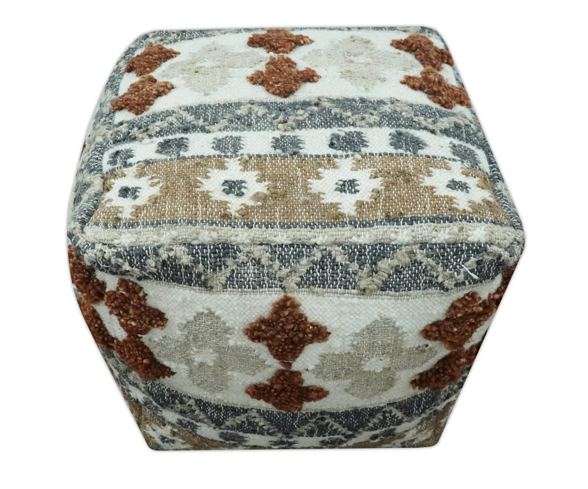 Hand woven Ivory, Gray and Brown Textured Jute and wool Pouf - Image 5