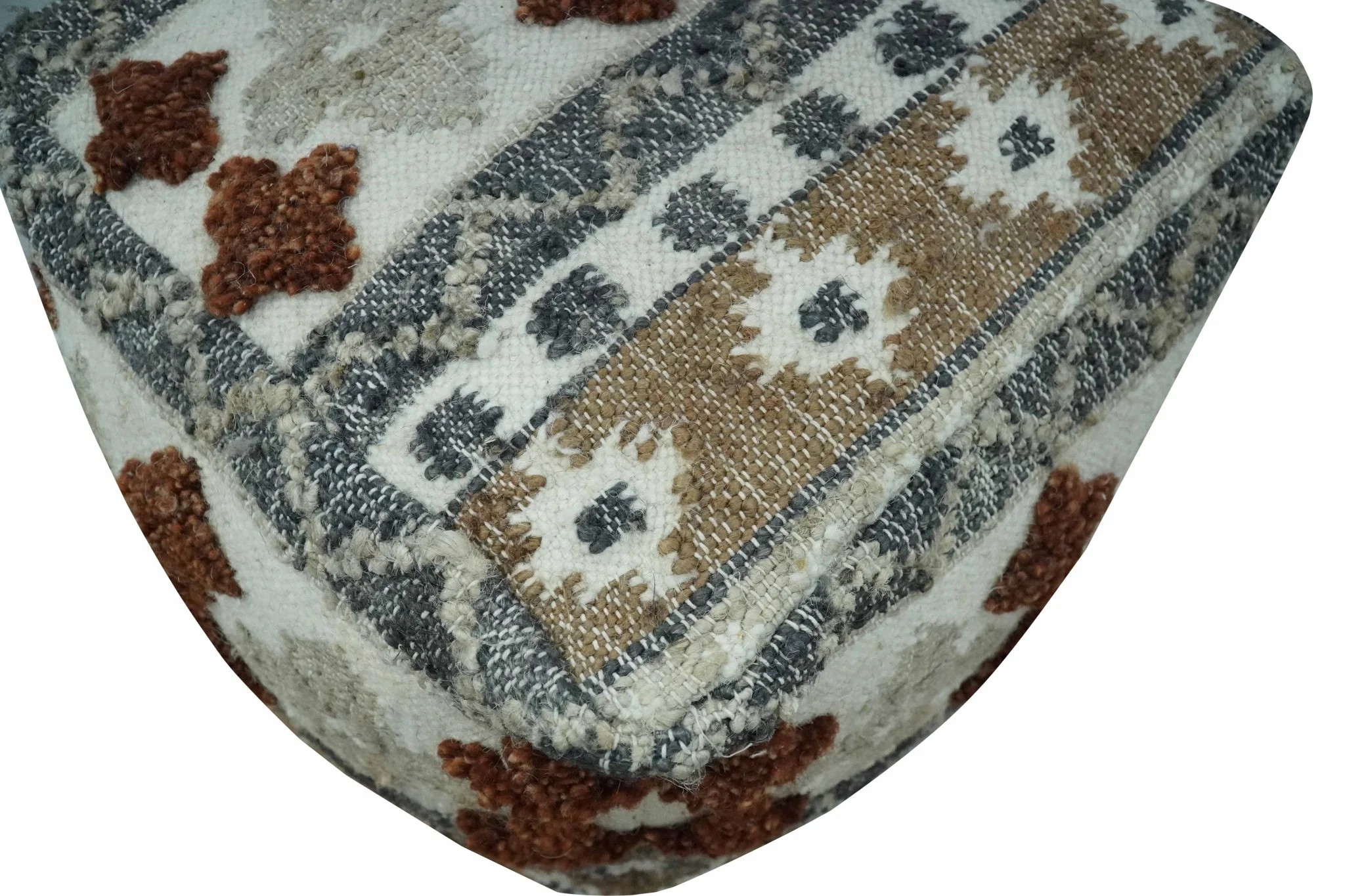 Hand woven Ivory, Gray and Brown Textured Jute and wool Pouf - Image 6