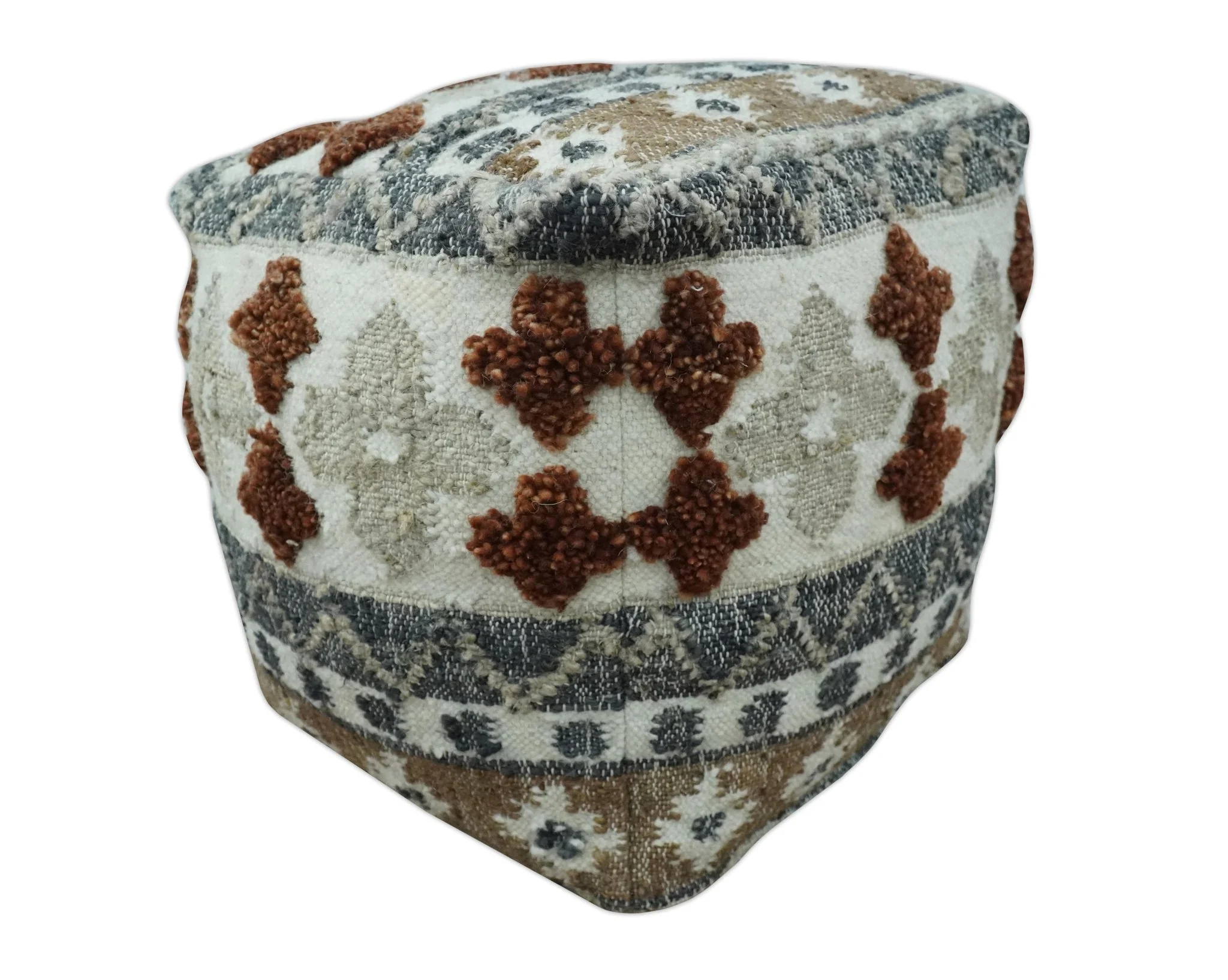 Hand woven Ivory, Gray and Brown Textured Jute and wool Pouf - Image 7