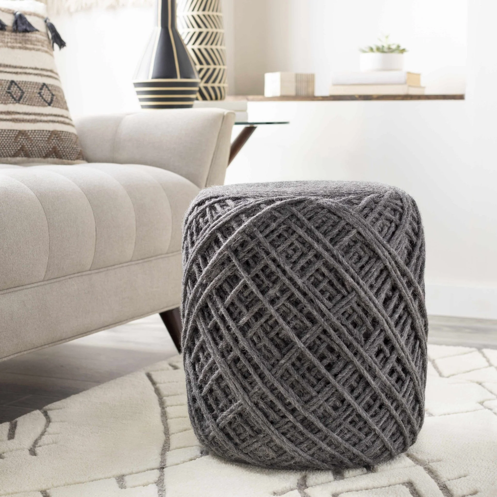 Hand Woven Modern Cylindrical Charcoal Hard Nest Pouf - Image 4
