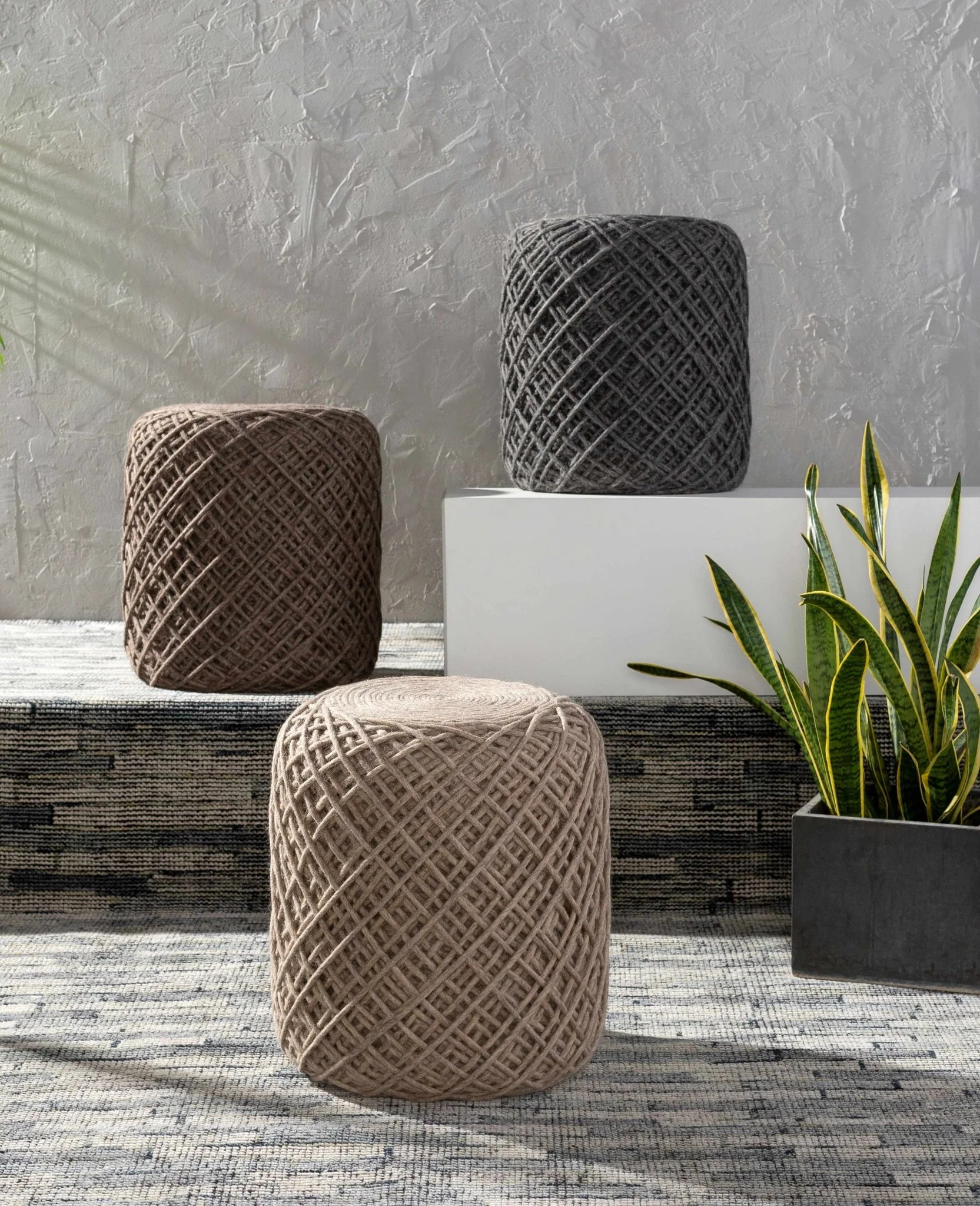 Hand Woven Modern Cylindrical Charcoal Hard Nest Pouf - Image 8