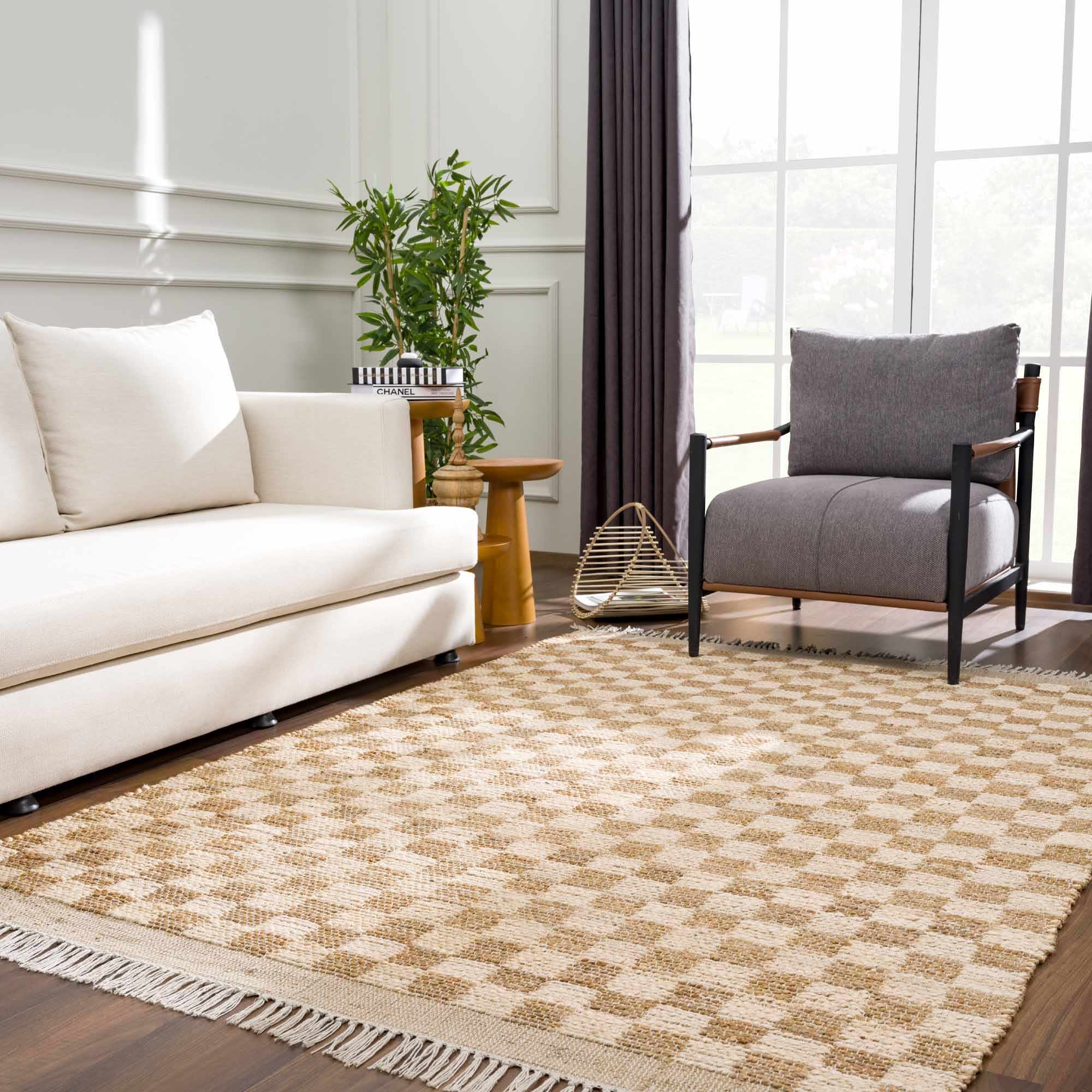 Hand Woven Modern Geometrical Ivory and Brown Checkered Jute Area Rug - Image 17