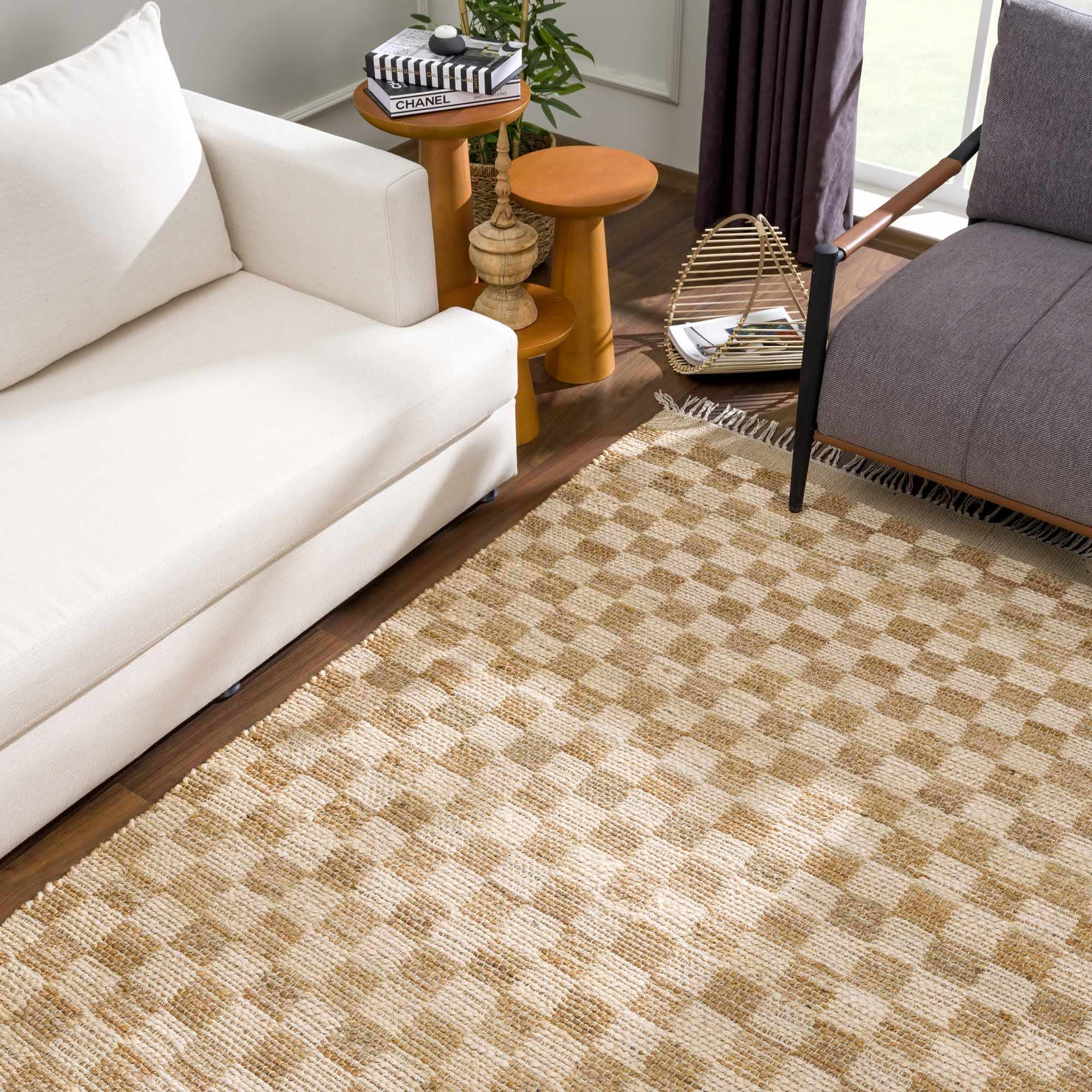 Hand Woven Modern Geometrical Ivory and Brown Checkered Jute Area Rug - Image 29