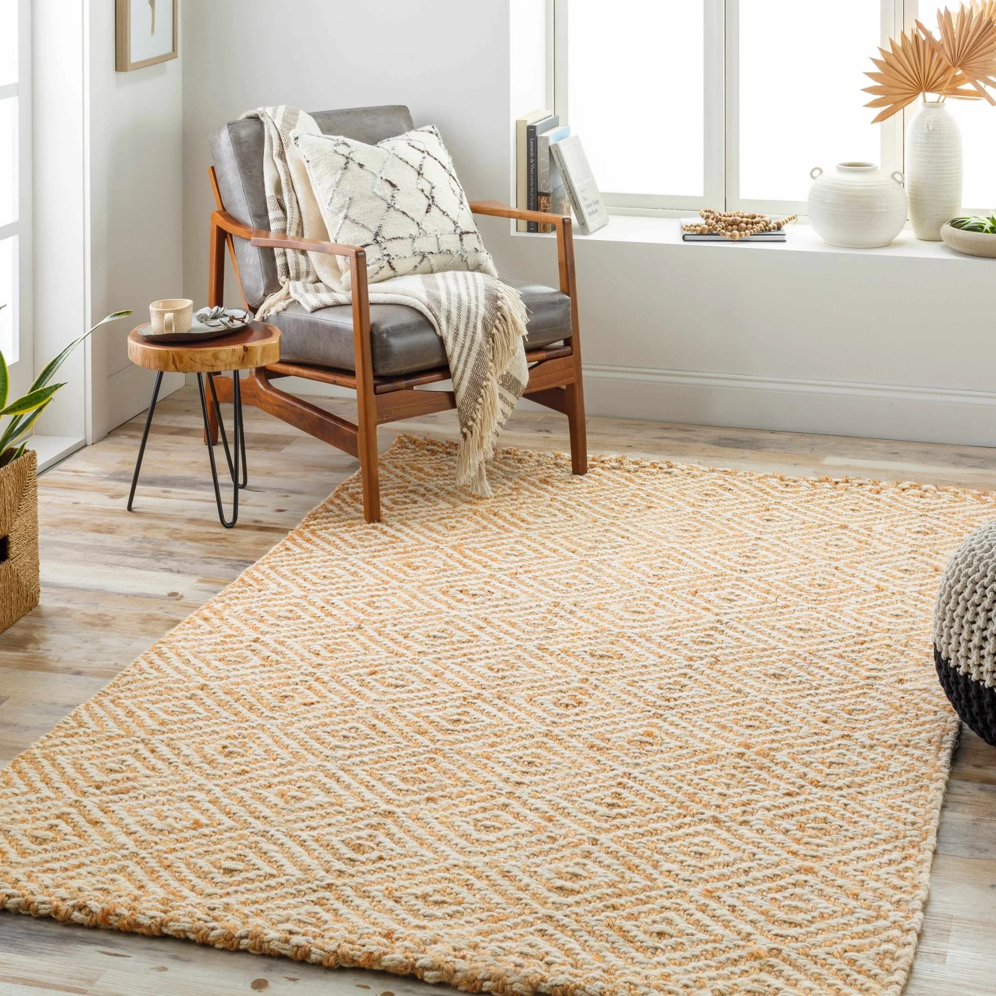 Hand Woven Modern Geometrical Ivory and Natural Brown Jute Multi size Area Rug - Image 2