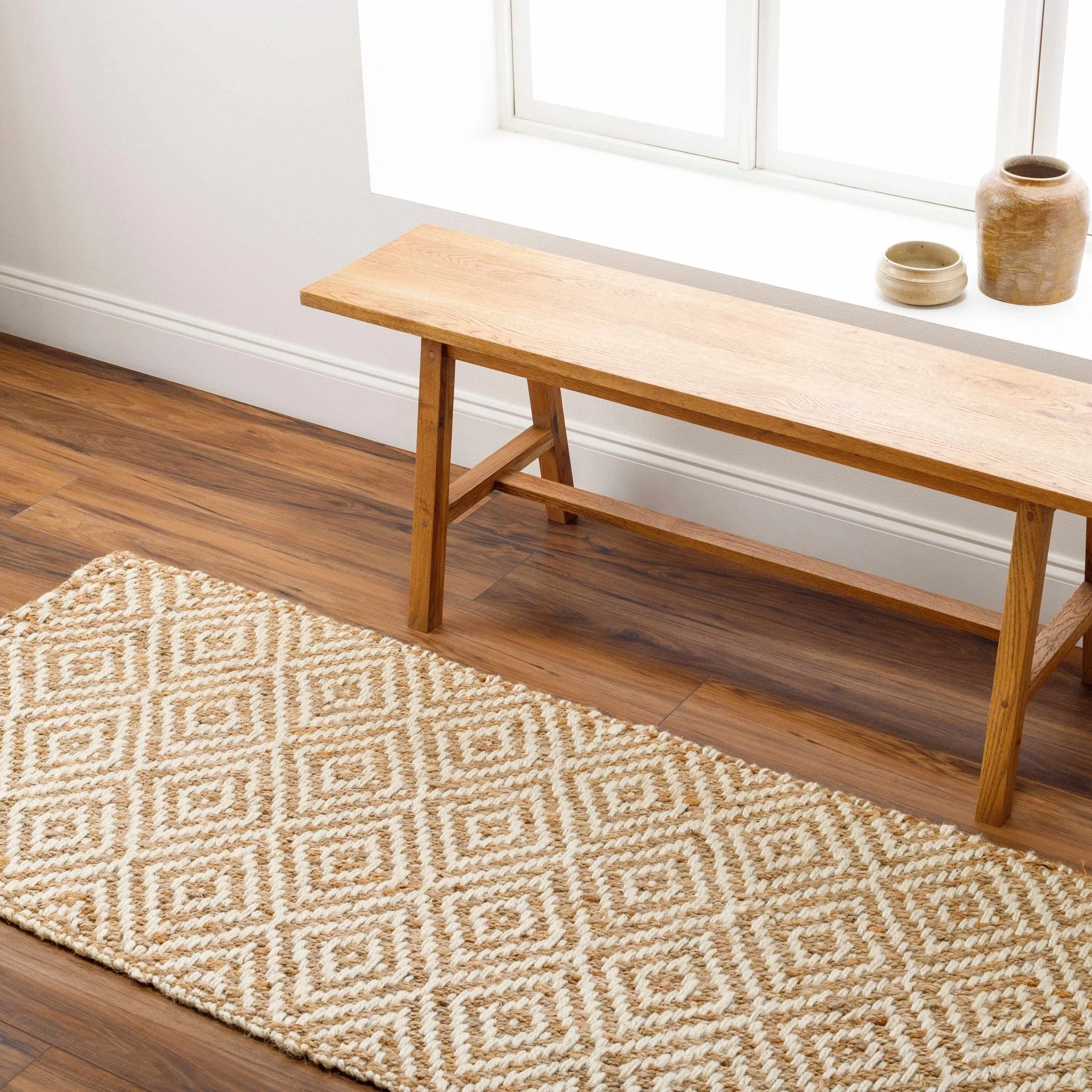 Hand Woven Modern Geometrical Ivory and Natural Brown Jute Multi size Area Rug - Image 9