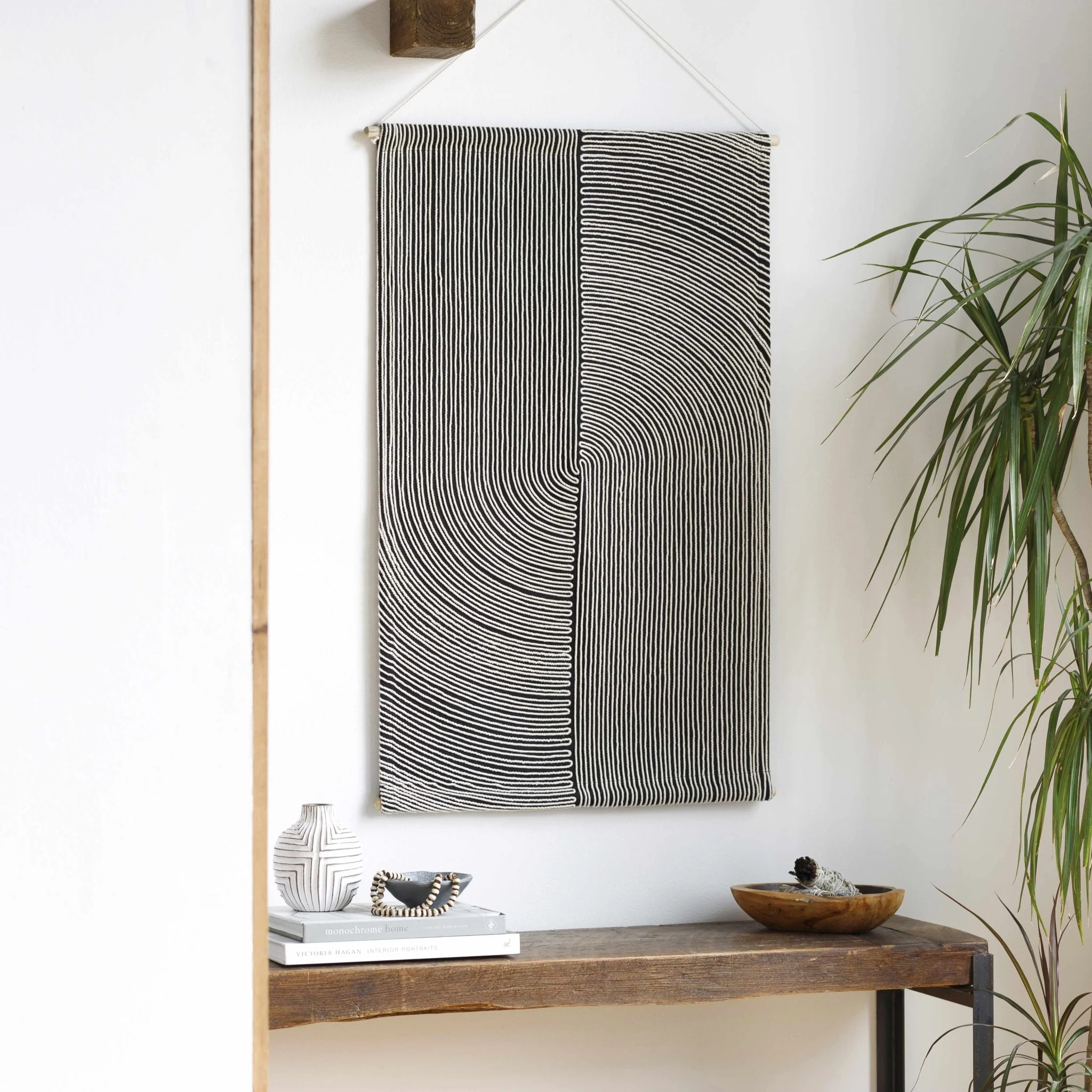 Hand Woven Modern Stripes Design Black and Ivory Wall Hanging - Image 2