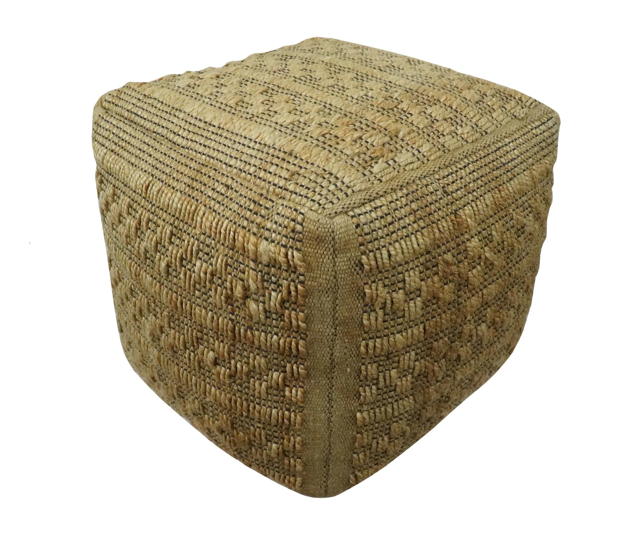 Geometrical Hand Woven Natural Brown and Black Textured jute Pouf - Image 2