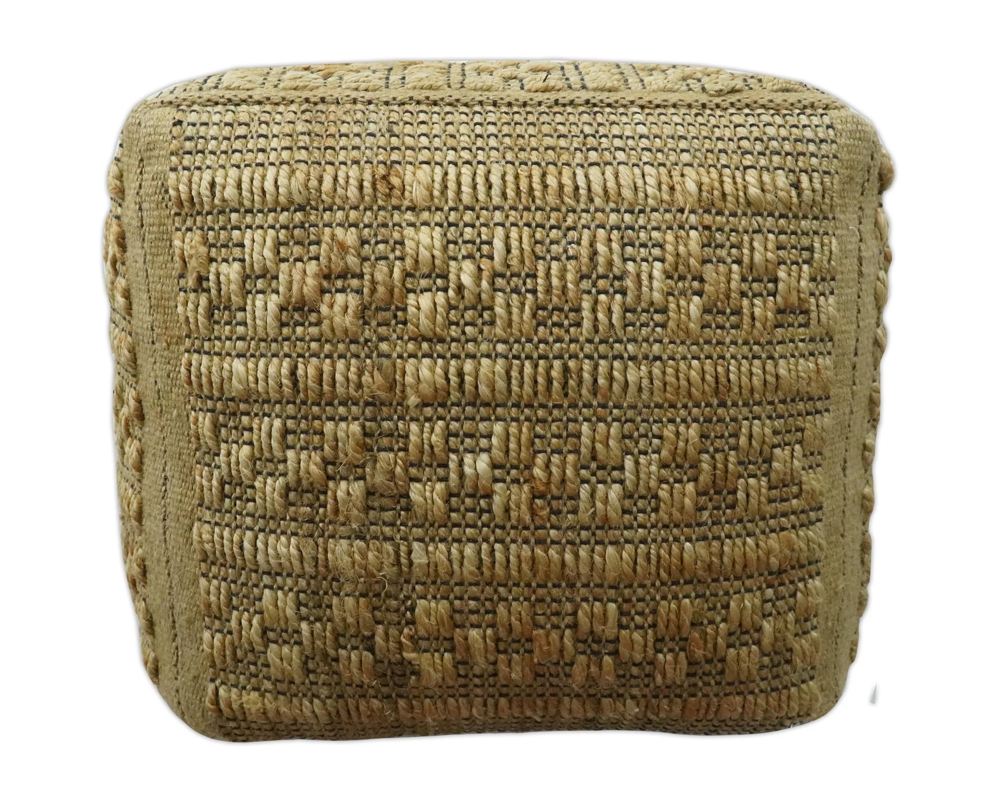 Geometrical Hand Woven Natural Brown and Black Textured jute Pouf - Image 3