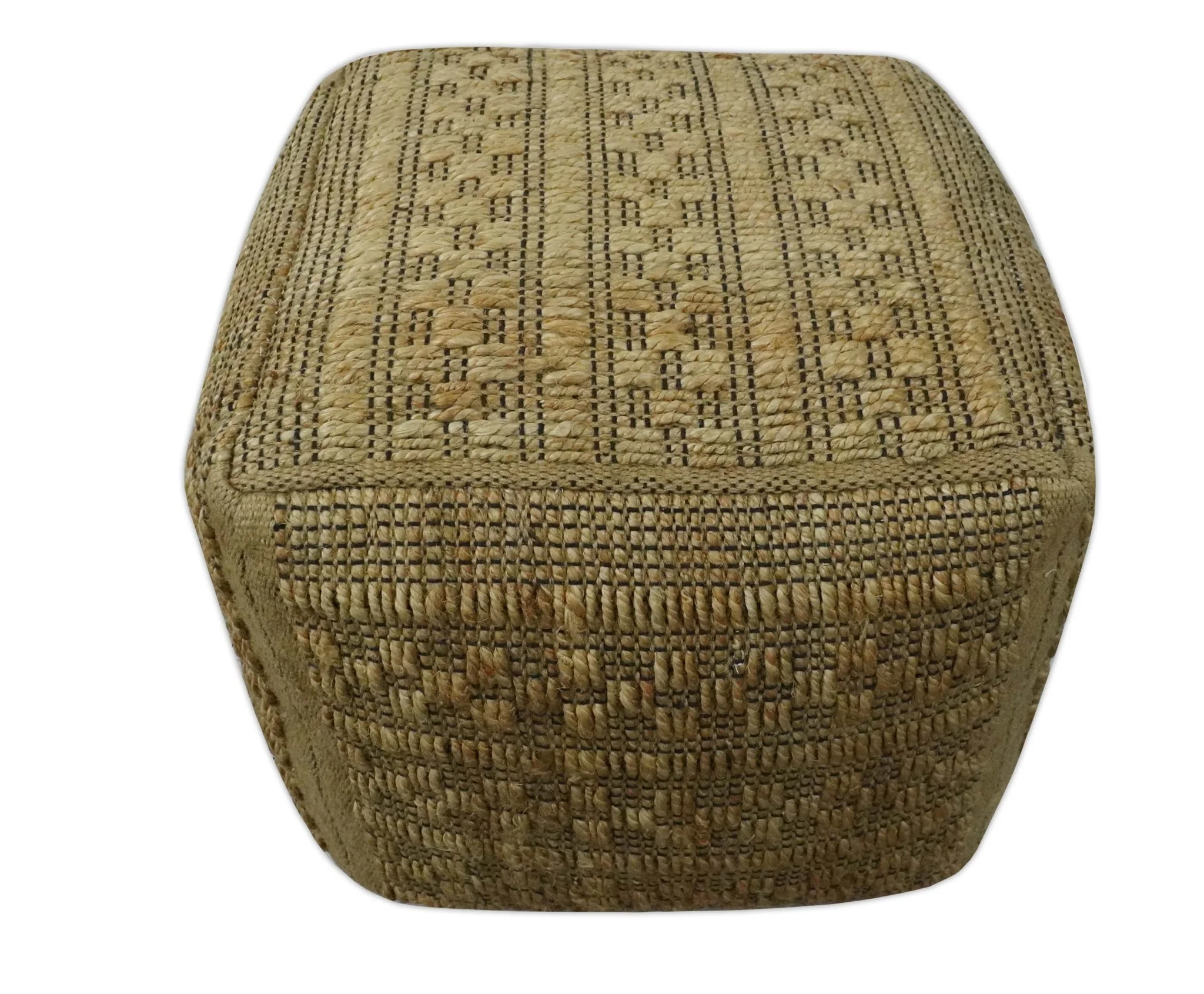 Geometrical Hand Woven Natural Brown and Black Textured jute Pouf - Image 5