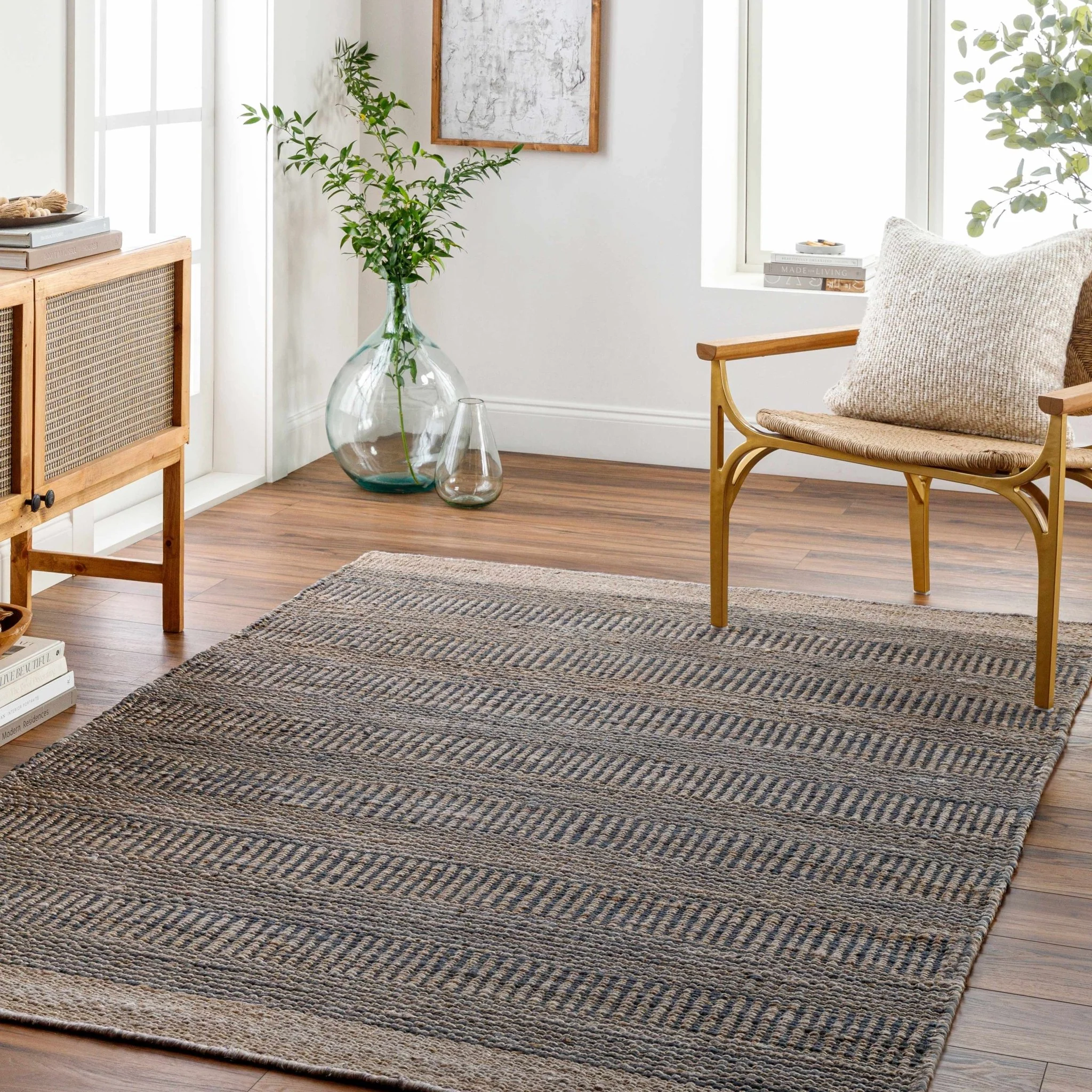 Hand Woven Natural Brown and Navy Blue Modern Stripes Design Jute Area Rug - Image 2
