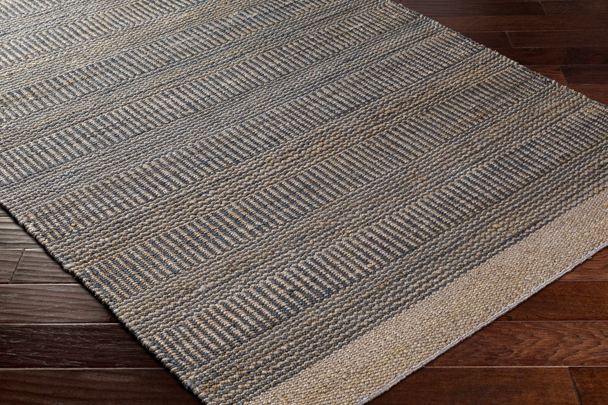 Hand Woven Natural Brown and Navy Blue Modern Stripes Design Jute Area Rug - Image 6