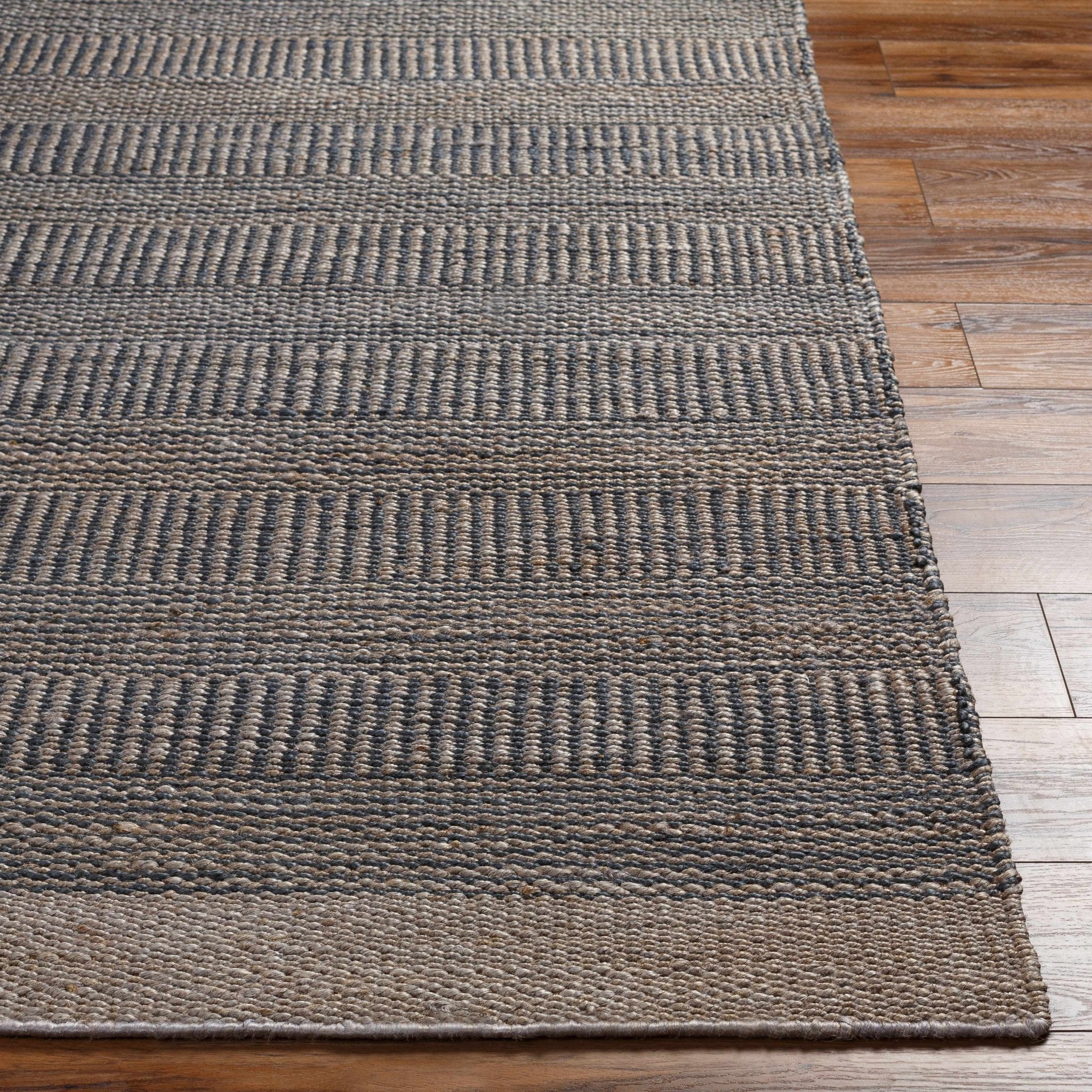 Hand Woven Natural Brown and Navy Blue Modern Stripes Design Jute Area Rug - Image 7