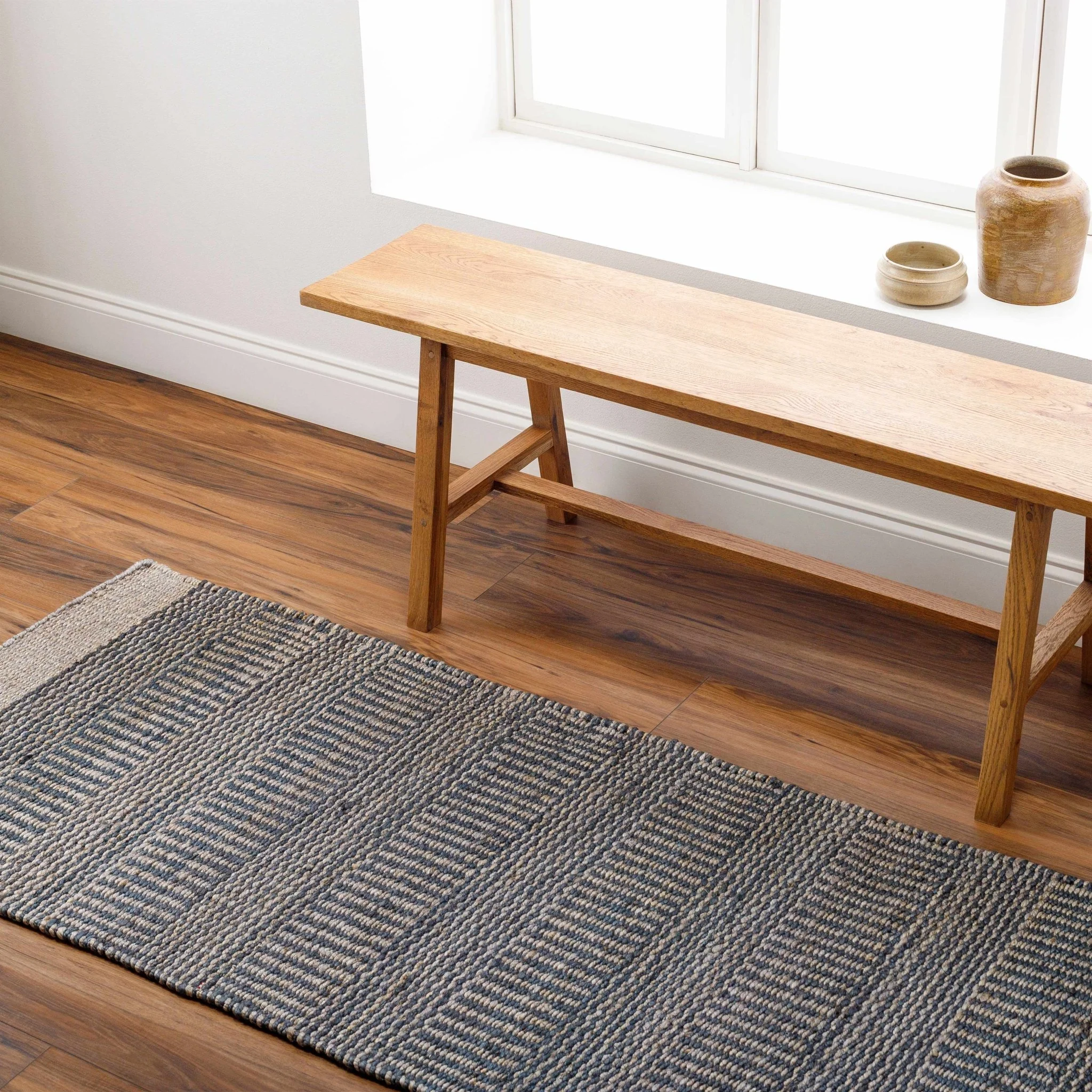 Hand Woven Natural Brown and Navy Blue Modern Stripes Design Jute Area Rug - Image 8