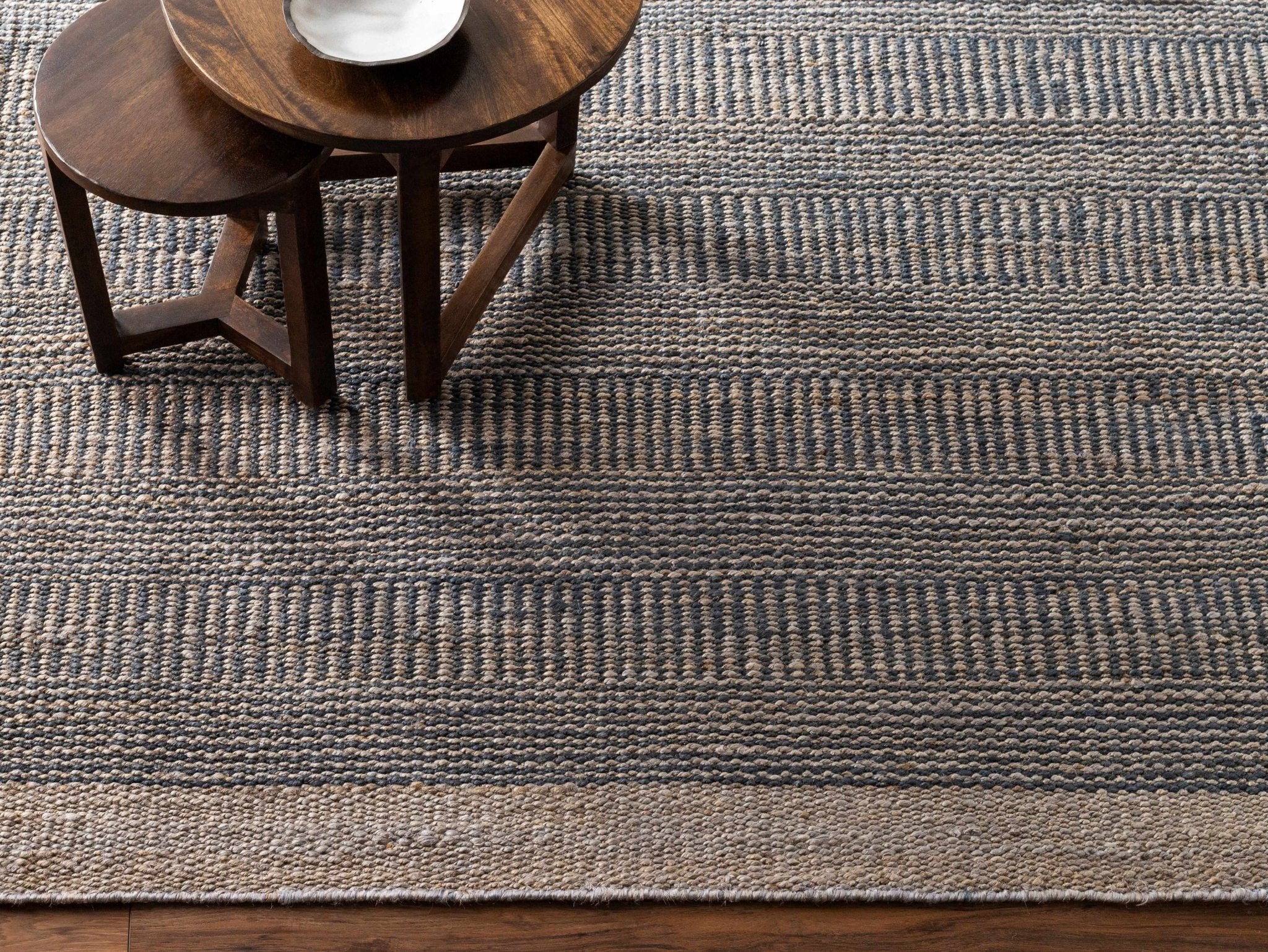 Hand Woven Natural Brown and Navy Blue Modern Stripes Design Jute Area Rug - Image 9