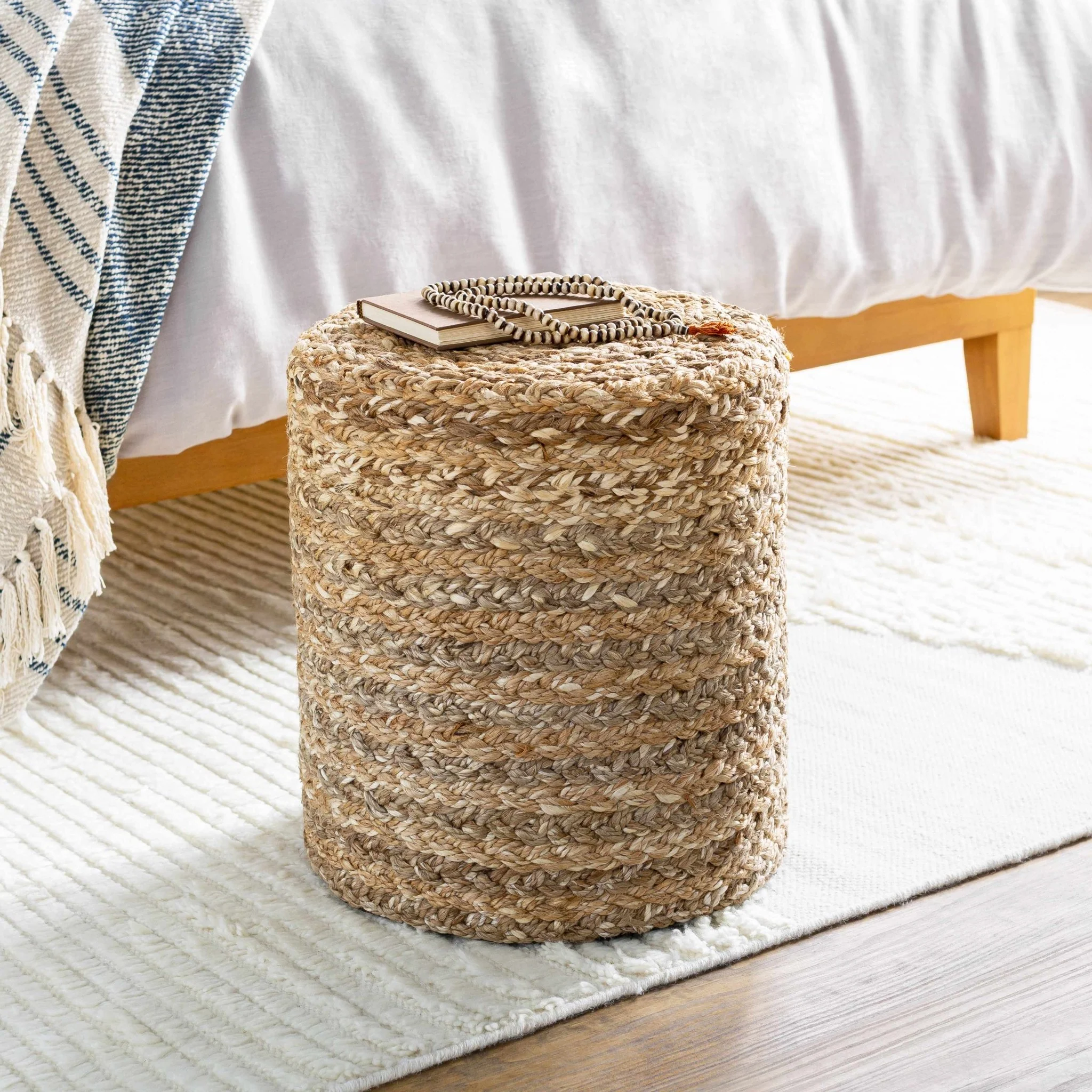 Hand Woven Natural Brown and Taupe Jute Pouf - Image 2