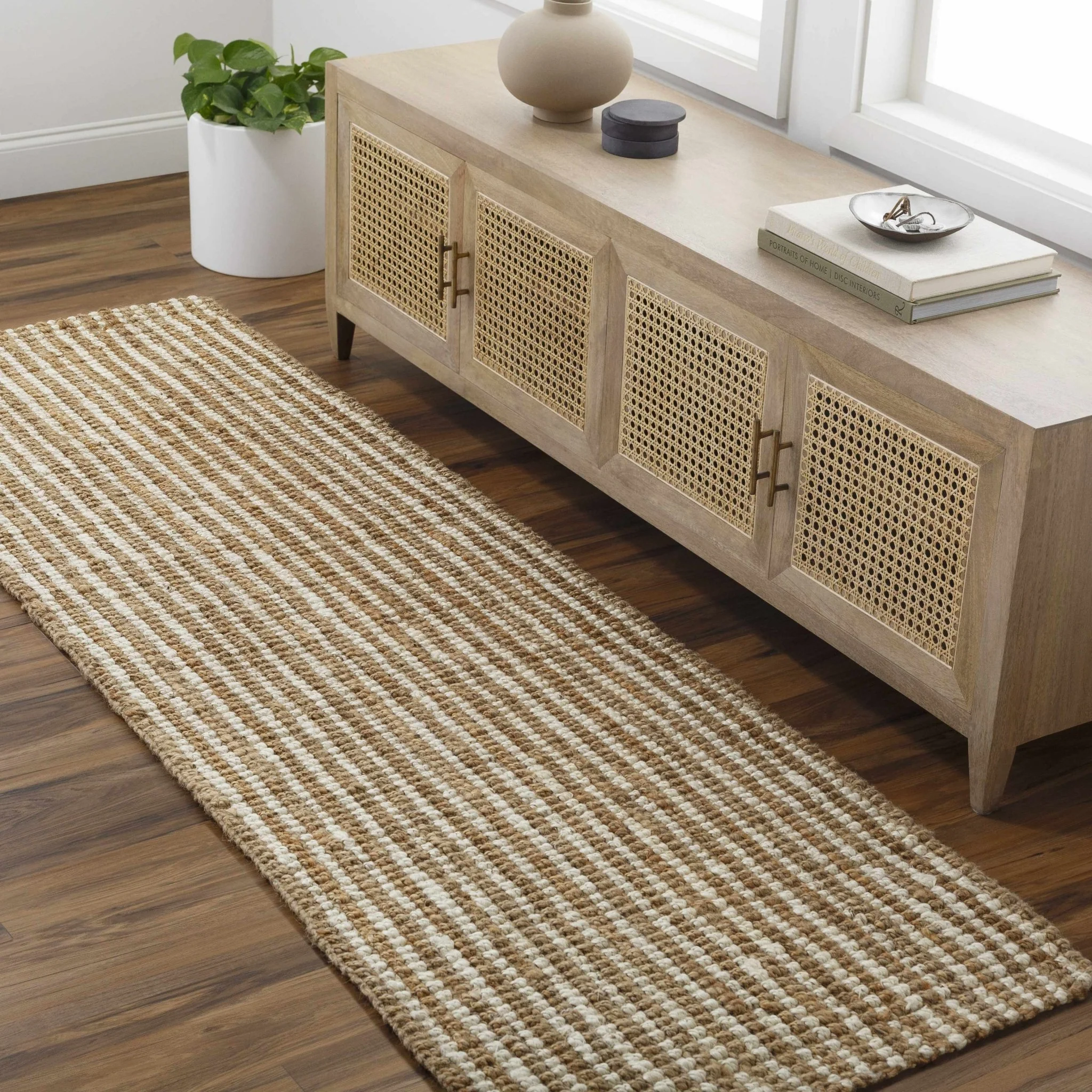 Hand Woven Natural Fiber Linen Texture Ivory and Brown Multi Size Jute Rug - Image 3