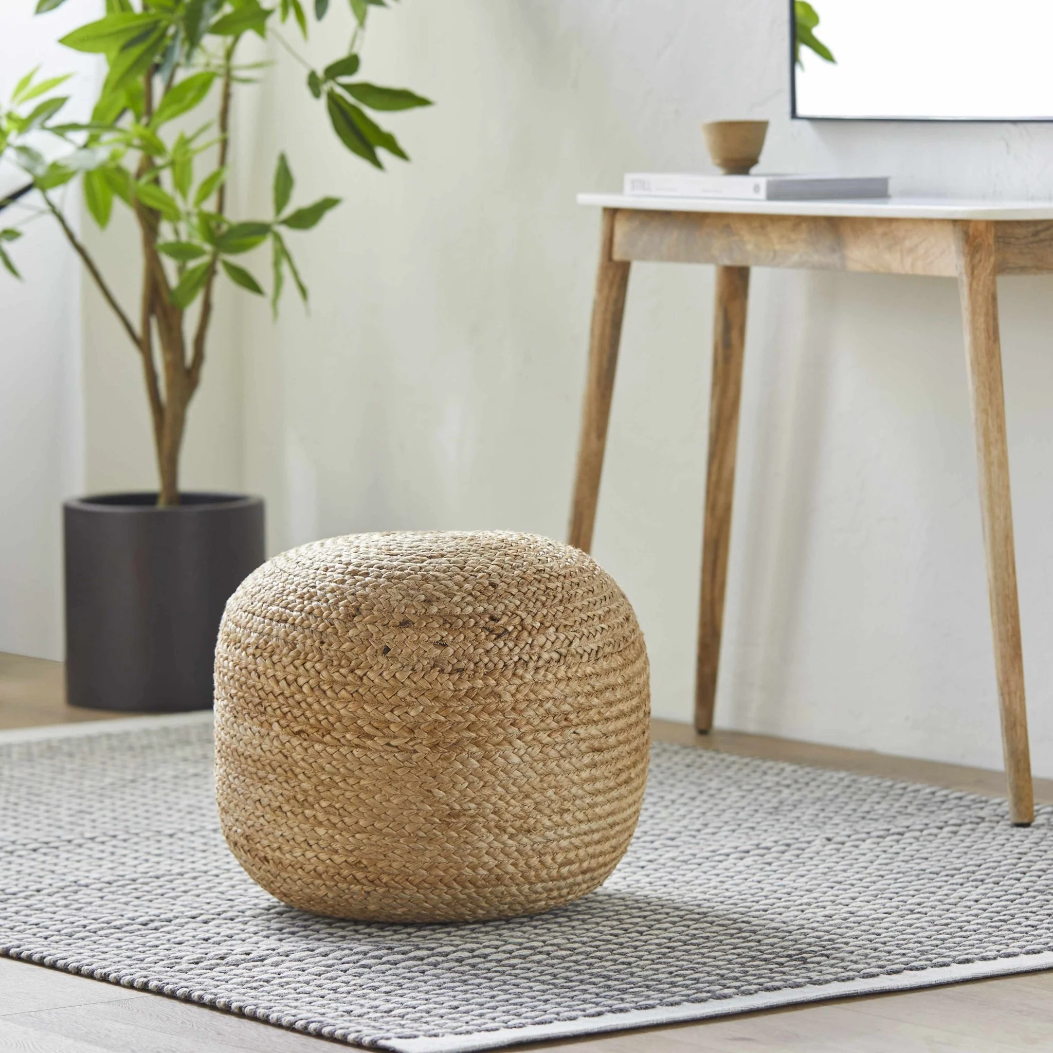 Hand Woven Natural Fibers Tan Cylindrical Jute Pouf - Image 3