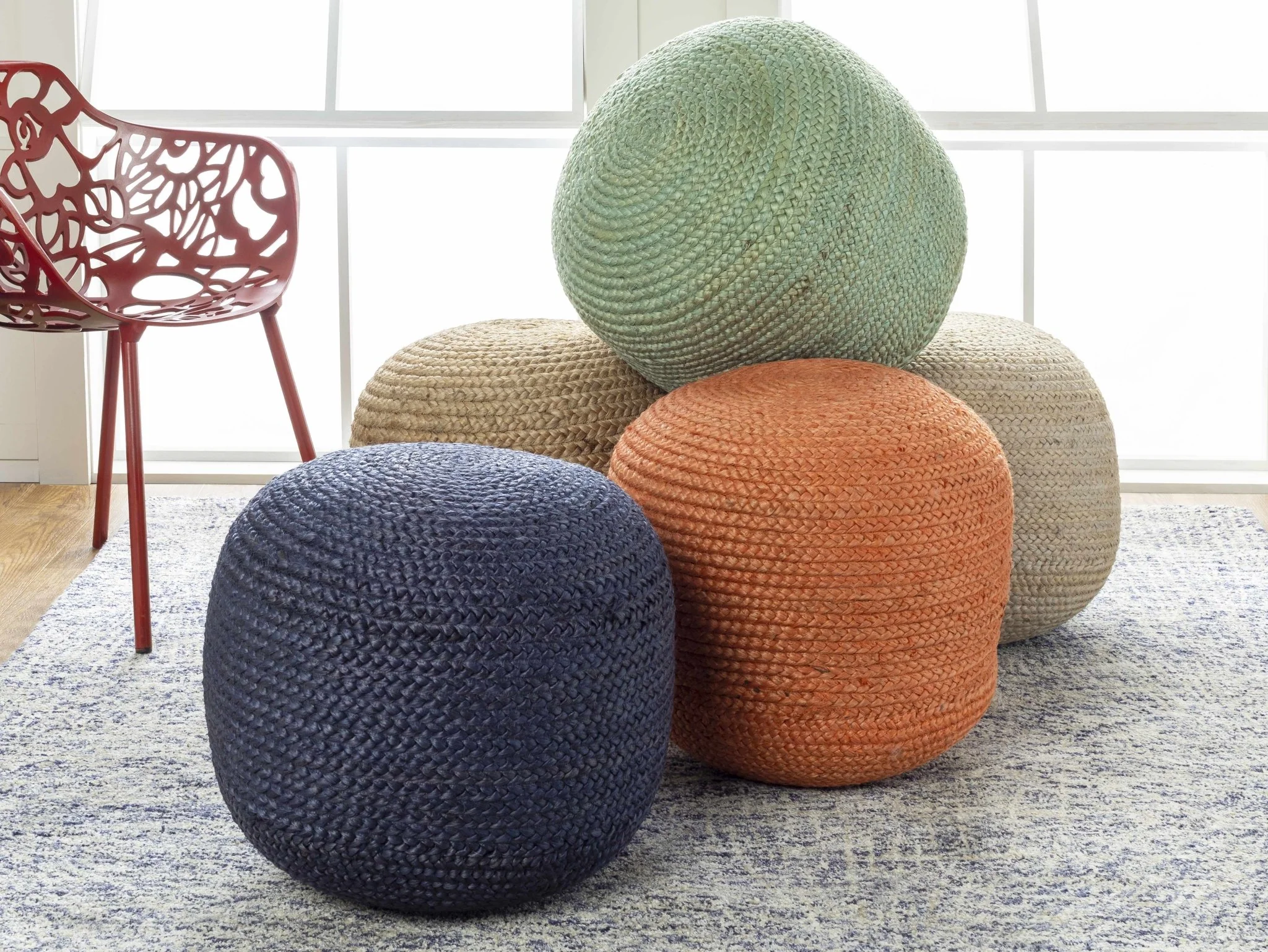 Hand Woven Natural Fibers Tan Cylindrical Jute Pouf - Image 5