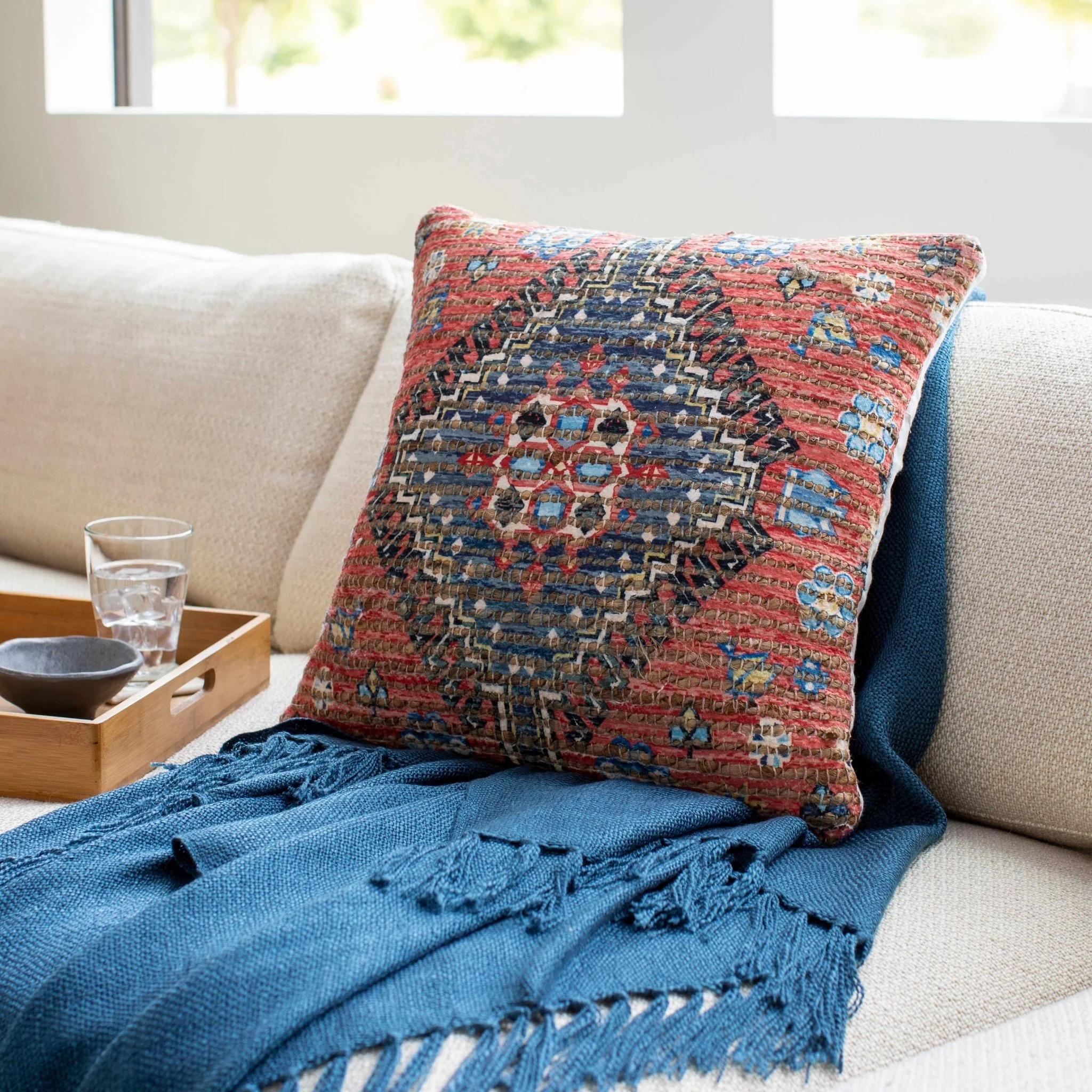 Hand Woven Peach and Blue Tribal Design Square Throw Pillow - Image 3
