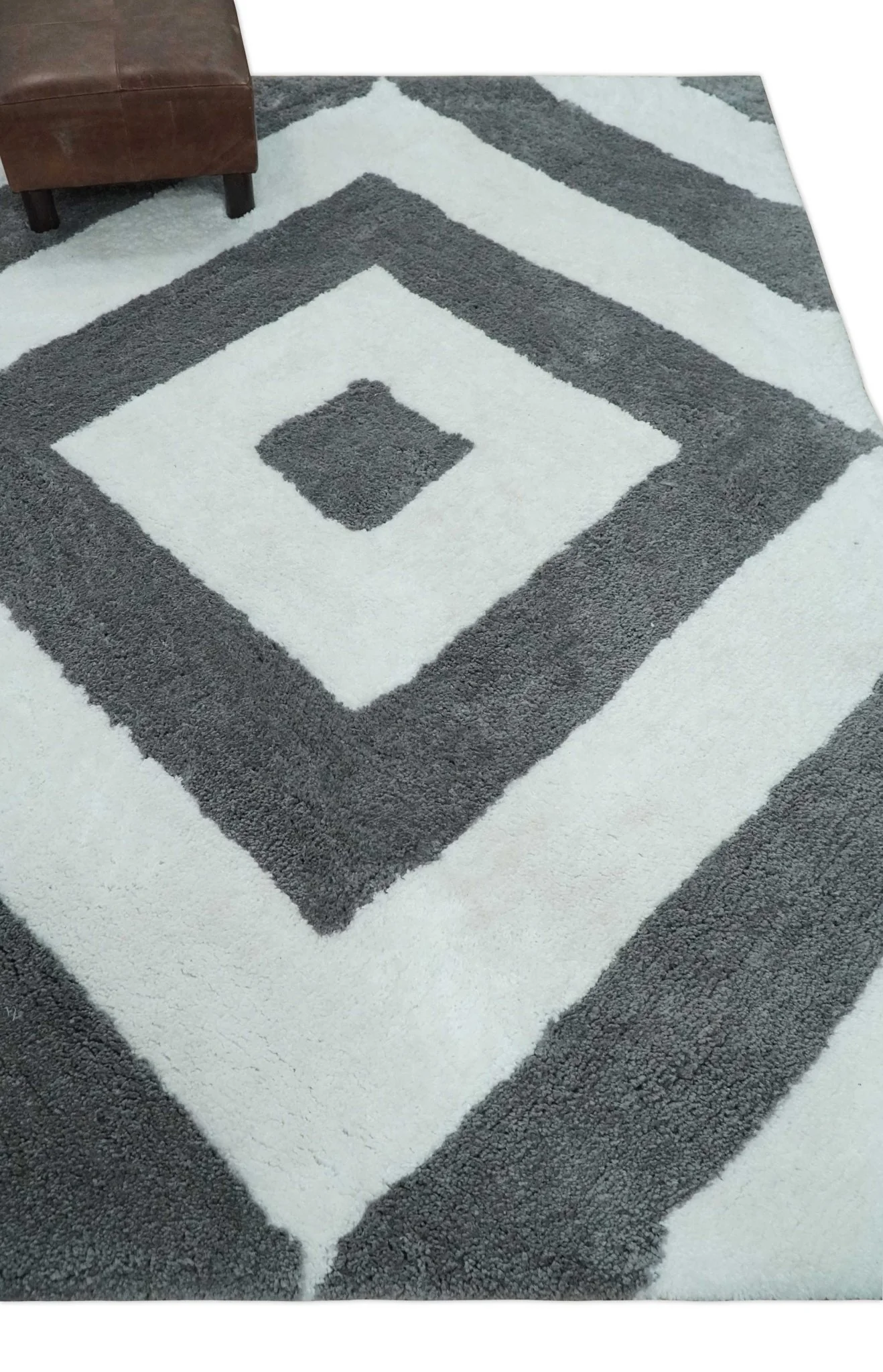 3x5, 4x6 and 5x7 Hand Woven Shag Ivory and Gray Geometrical Pattern Art Silk Soft Viscose Area Rug - Image 3