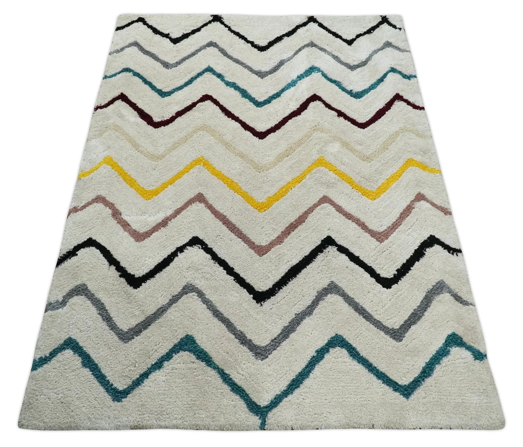 3x5, 4x6 and 5x7 Hand Woven Shag Ivory with multicolor Stripes Art Silk Soft Viscose  Area Rug - Image 10
