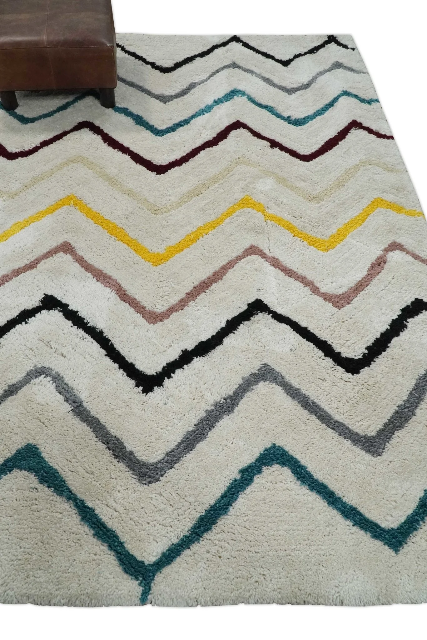 3x5, 4x6 and 5x7 Hand Woven Shag Ivory with multicolor Stripes Art Silk Soft Viscose  Area Rug - Image 3