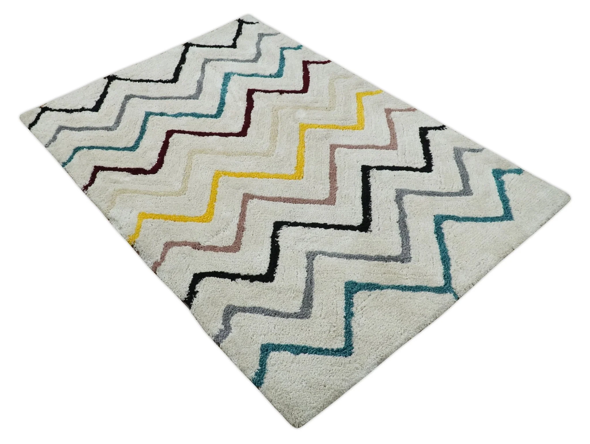 3x5, 4x6 and 5x7 Hand Woven Shag Ivory with multicolor Stripes Art Silk Soft Viscose  Area Rug - Image 9