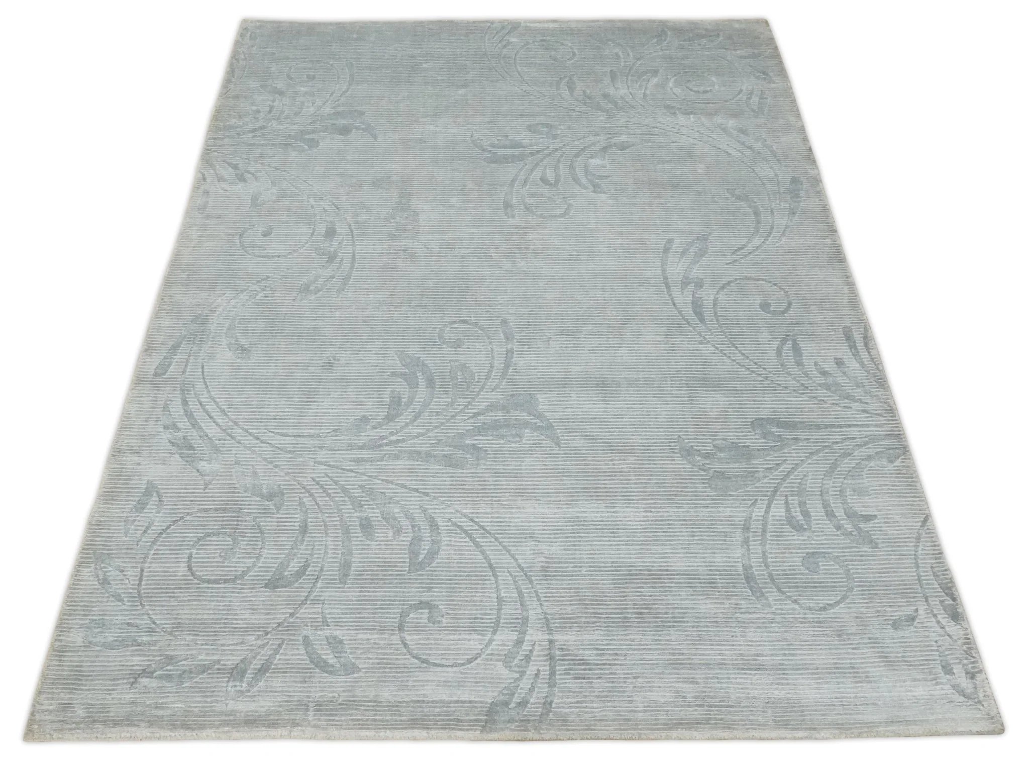 5x8 Hand Woven and hand carved Carved Silver and Gray Floral Art Silk Rug | KNT9 - Image 10